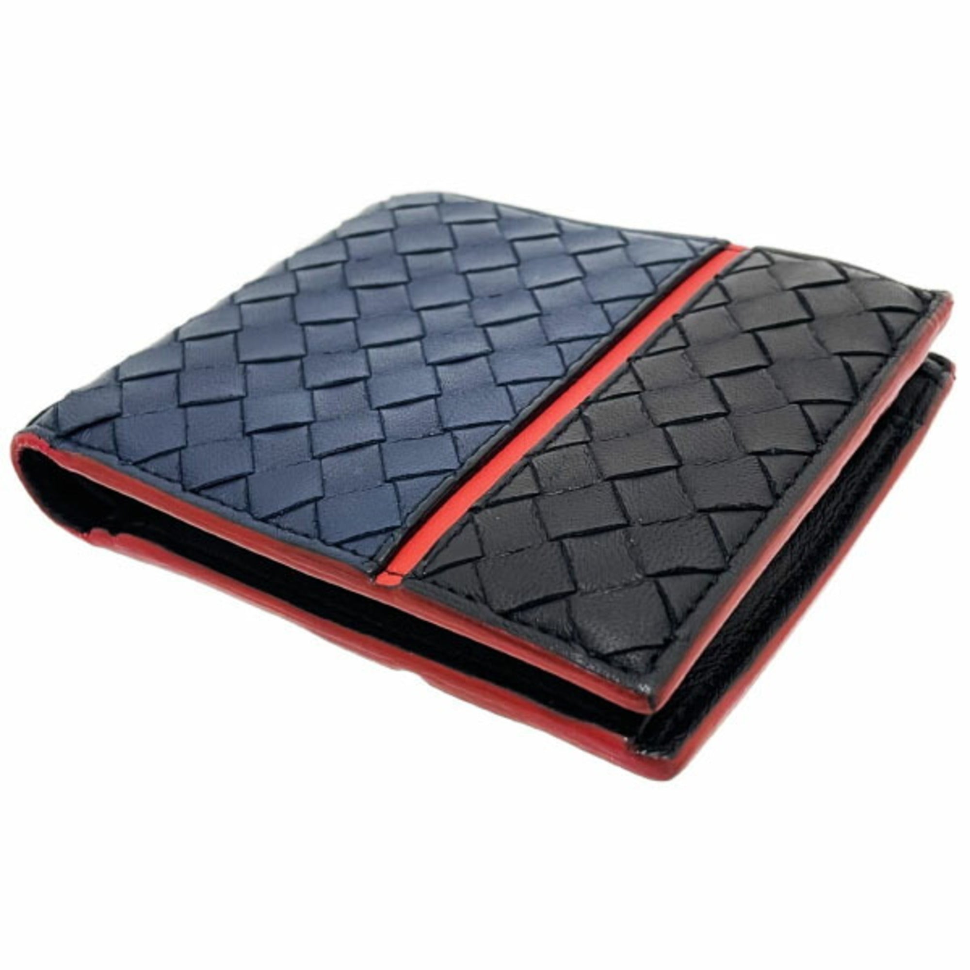 Bottega Veneta Intrecciato Black Navy Red Color Leather Wallet (Bi-Fold) (Pre-Owned)