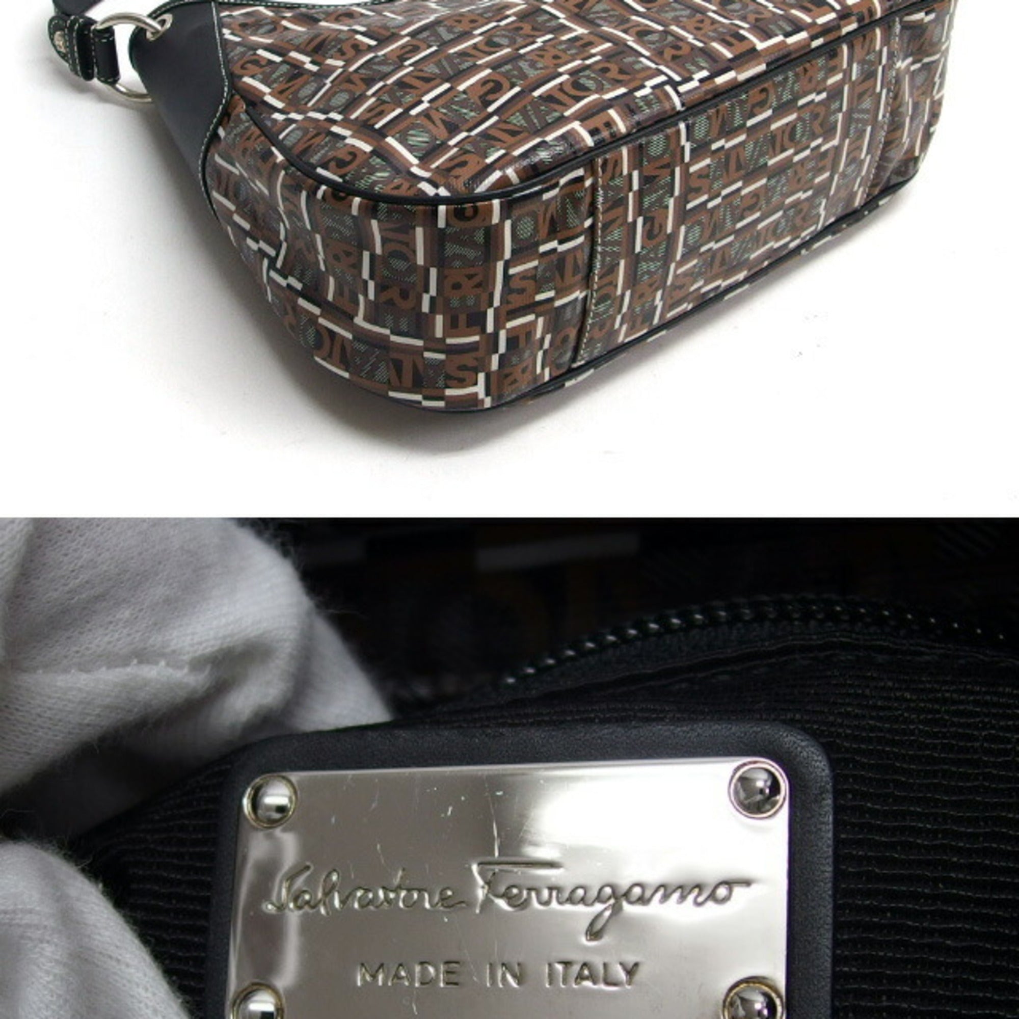 Salvatore Ferragamo Black Dark Brown Multi-Color Coated Canvas Leather Shoulder Bag (Pre-Owned)