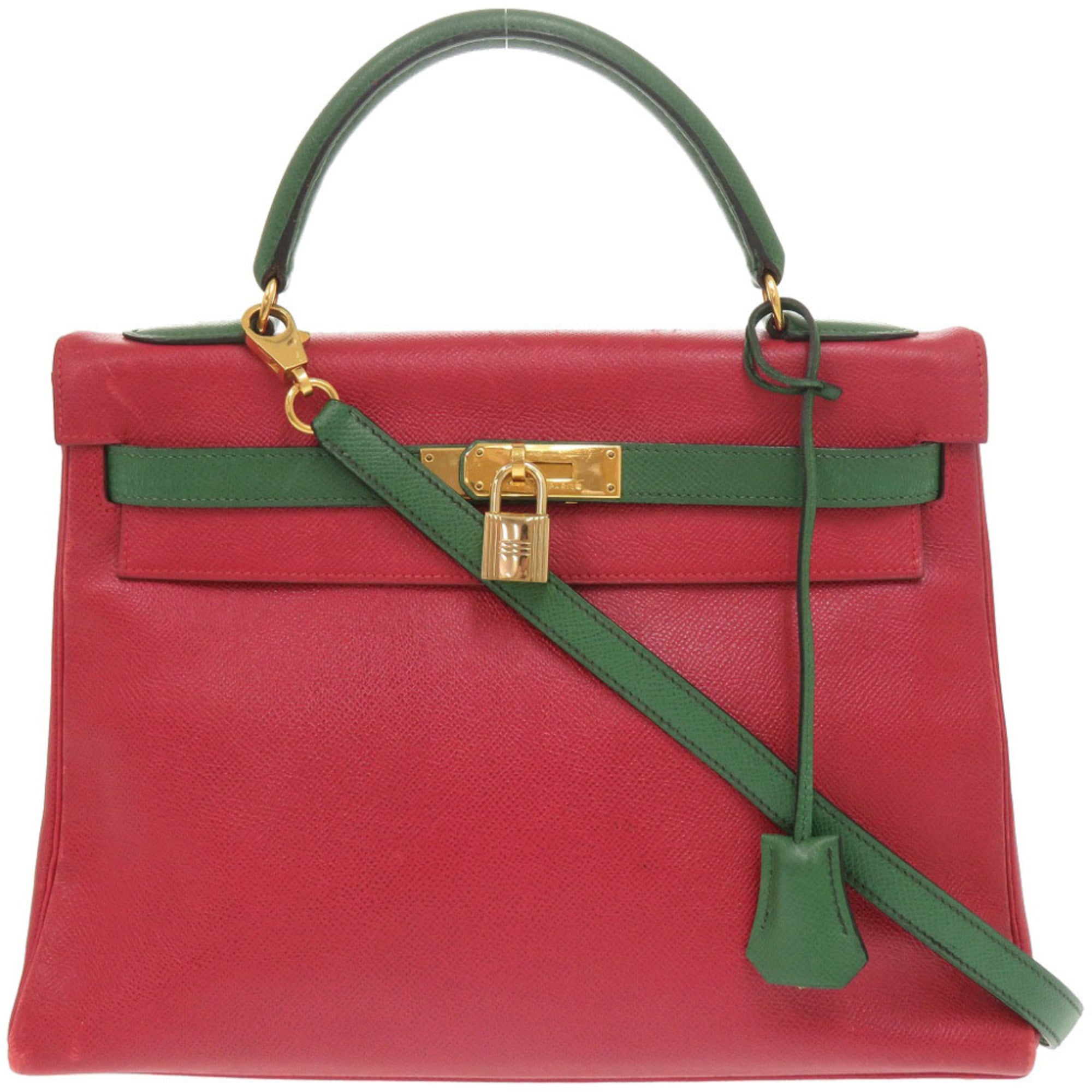 Hermes Rouge Vif Vert Courchevel Leather Handbag (Pre-Owned)