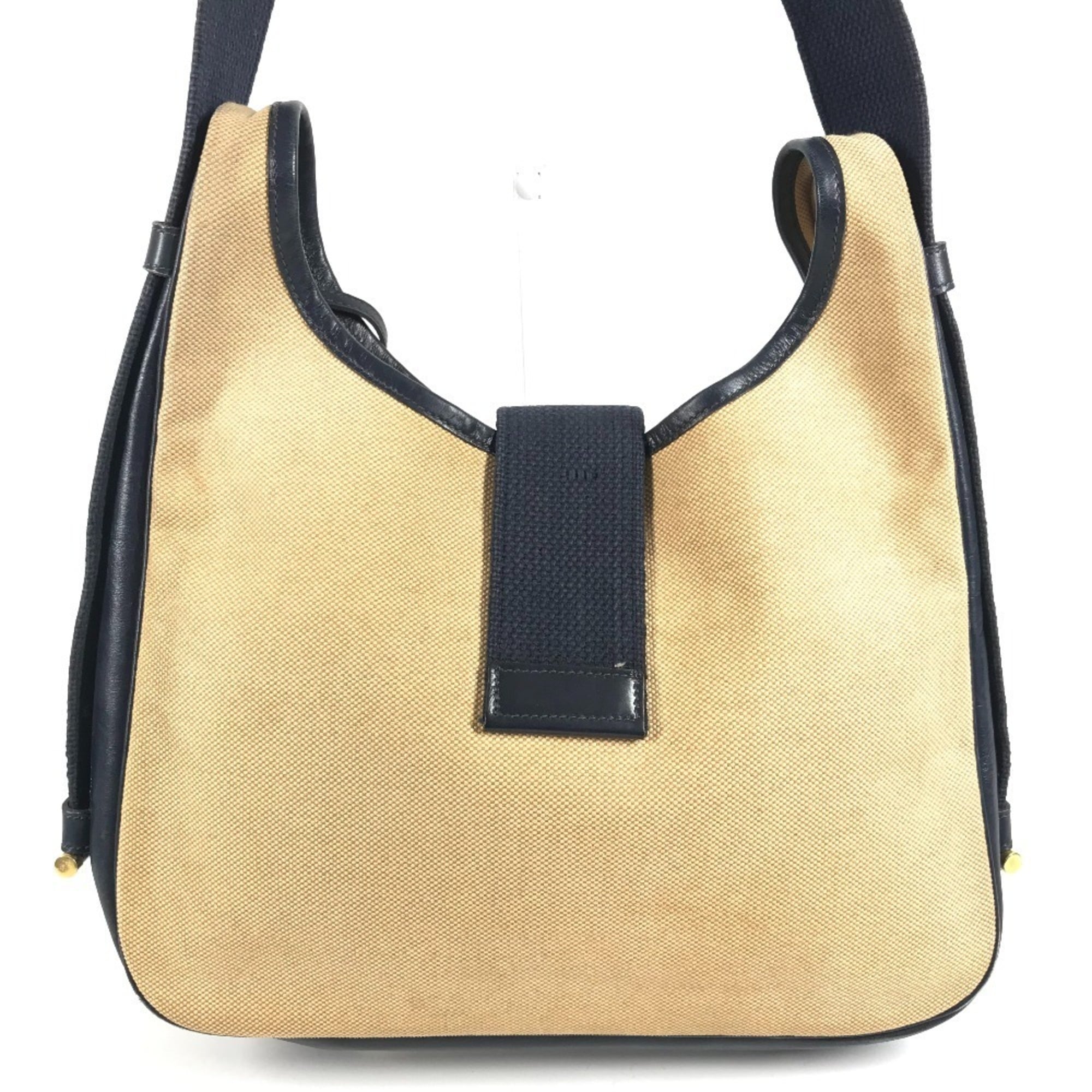 Hermes Beige Navy Leather Canvas Shoulder Bag (Pre-Owned)