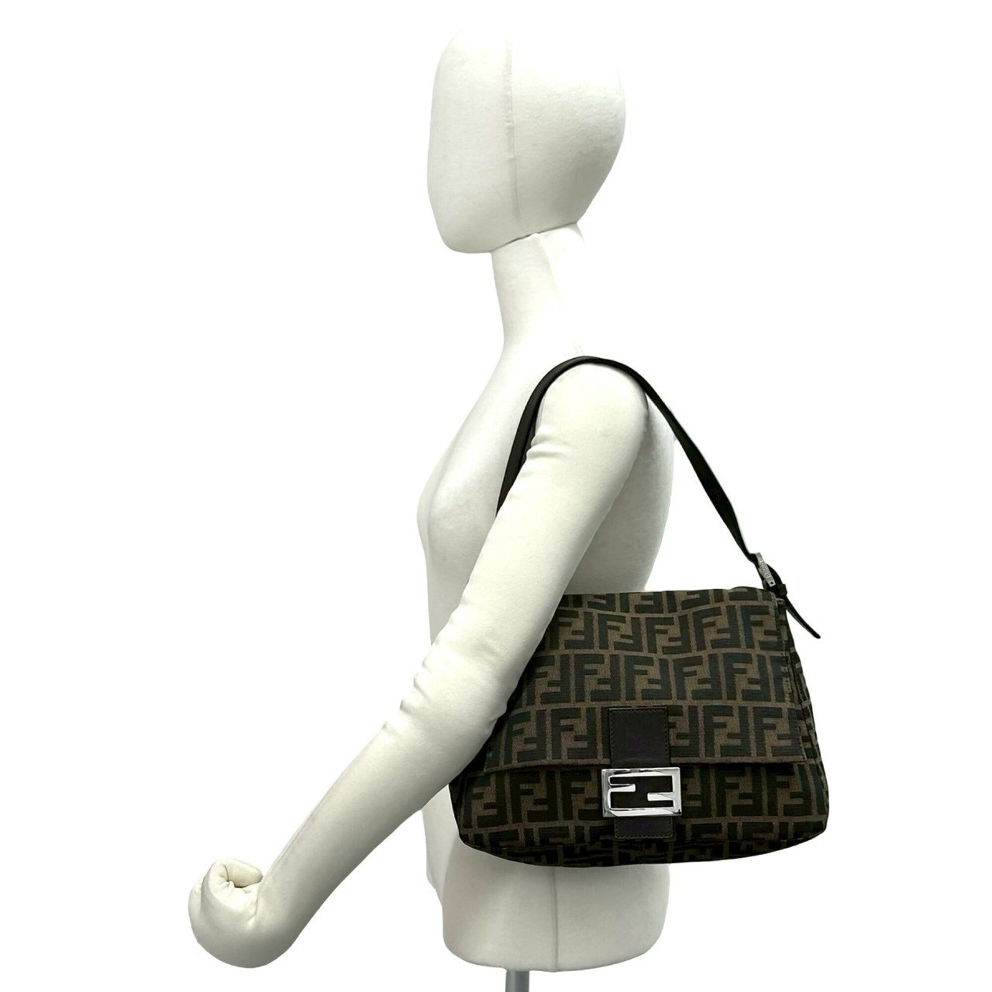 Fendi Black Brown Khaki Canvas Leather Handbag Shoulder Bag (Pre-Owned)