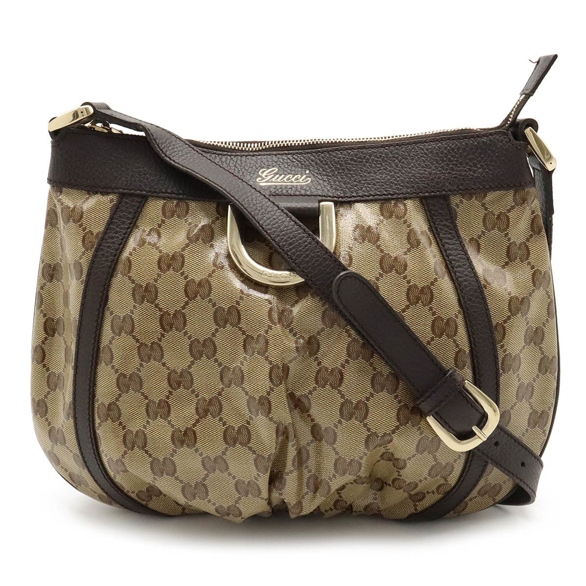 Gucci Beige Dark Brown Coated Canvas Leather Shoulder Bag (Pre-Owned)