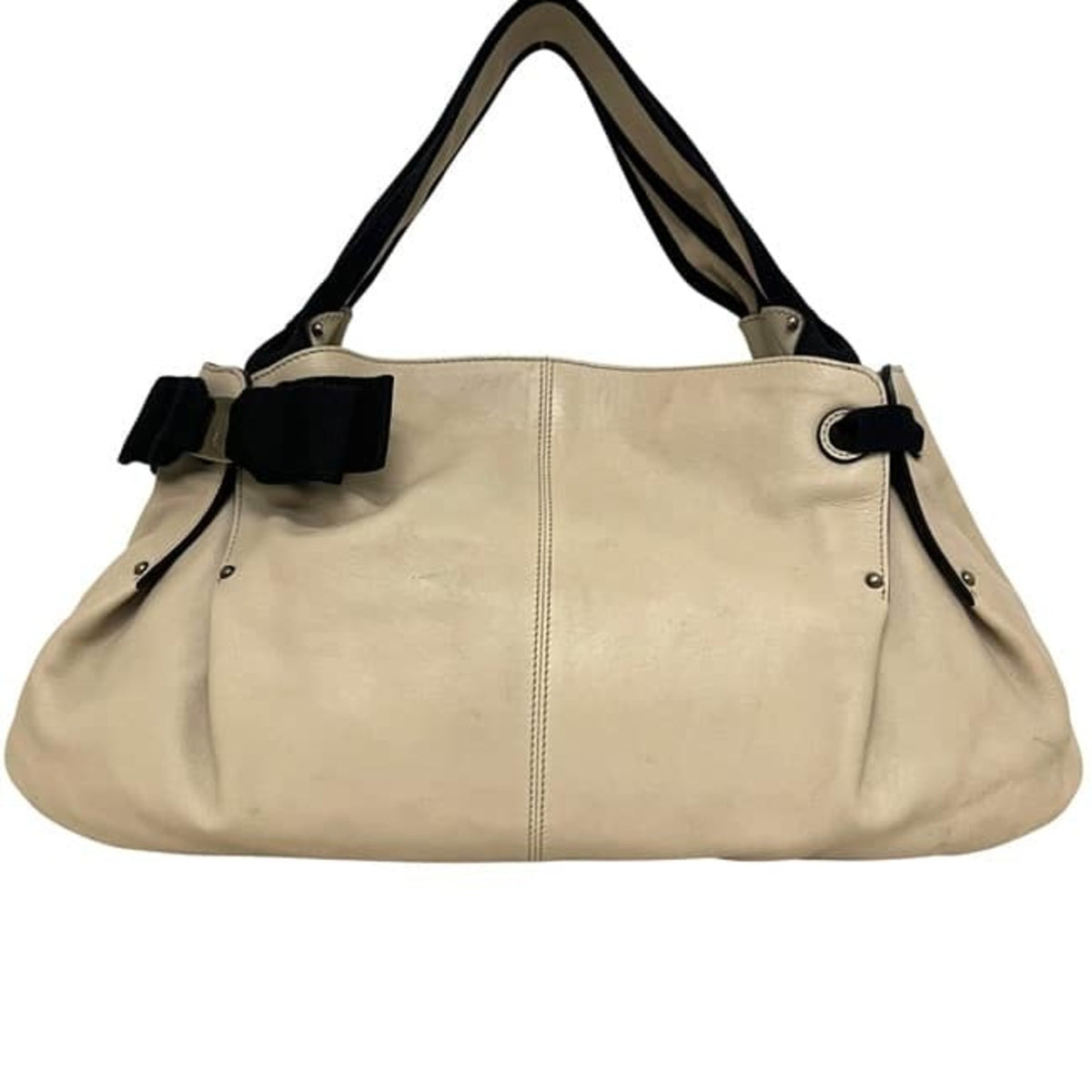 Salvatore Ferragamo Vara Beige Black Leather Handbag Tote Bag (Pre-Owned)