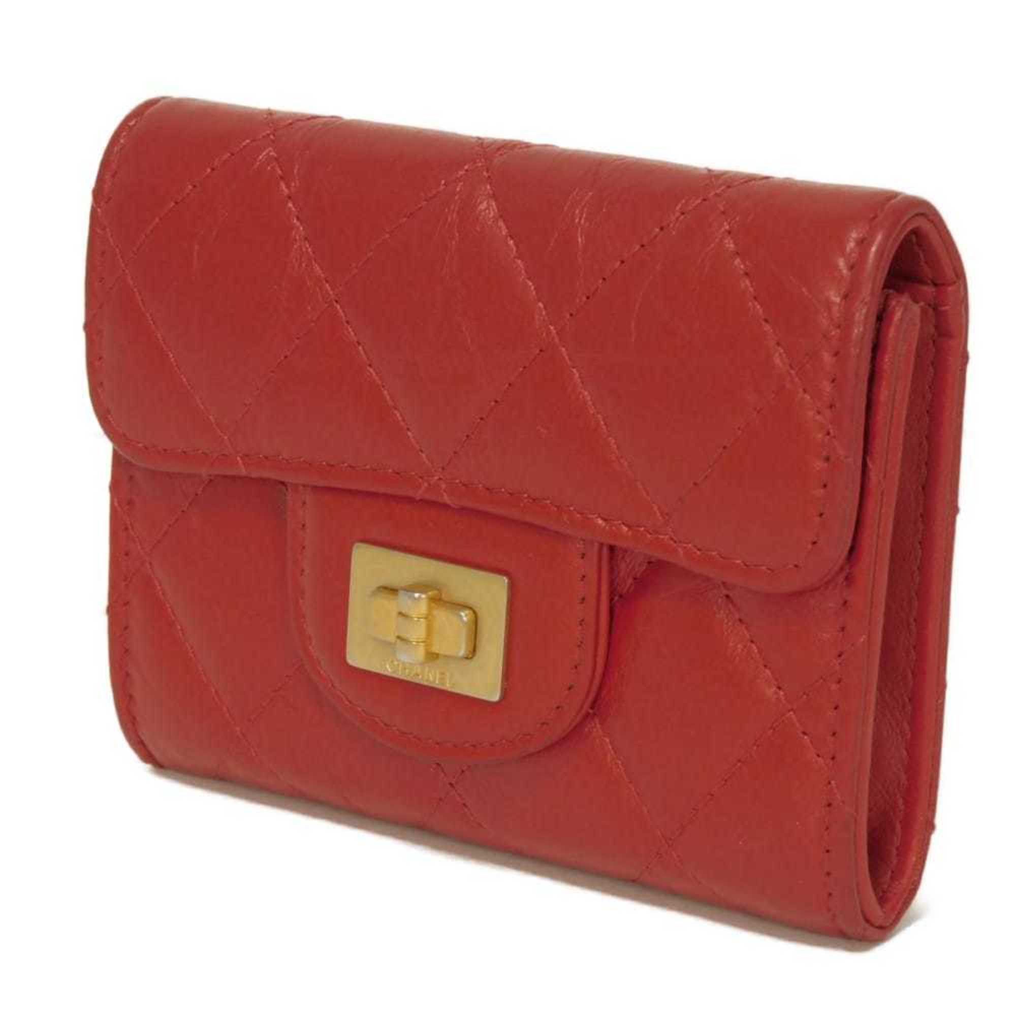 Chanel Red Color Leather Wallet (Bi-Fold) (Pre-Owned)