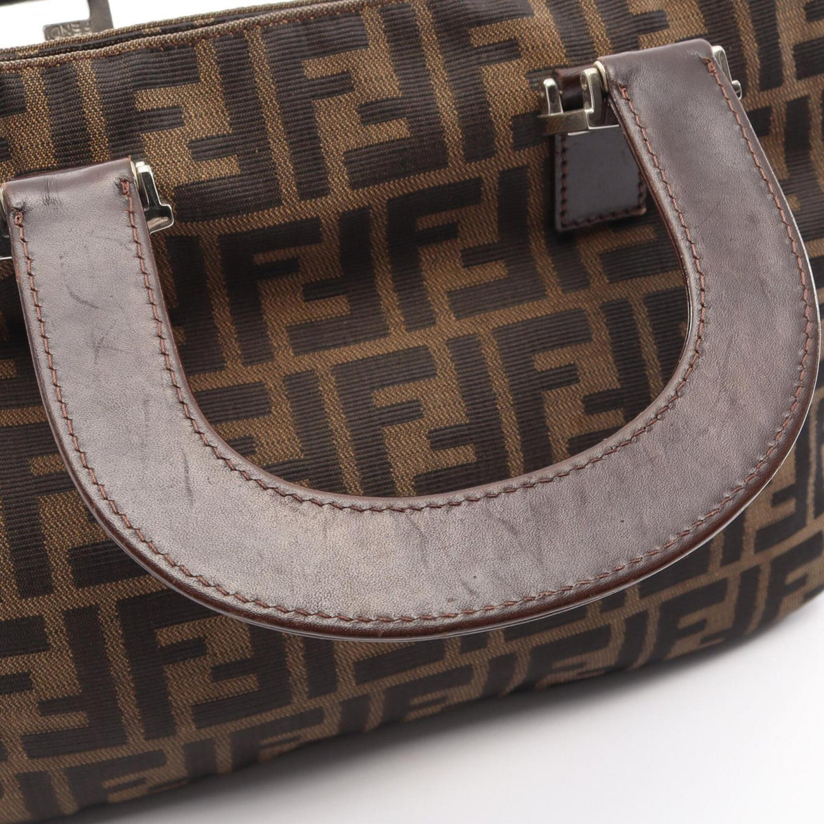 Fendi Beige Black Brown Leather Nylon Canvas Handbag (Pre-Owned)