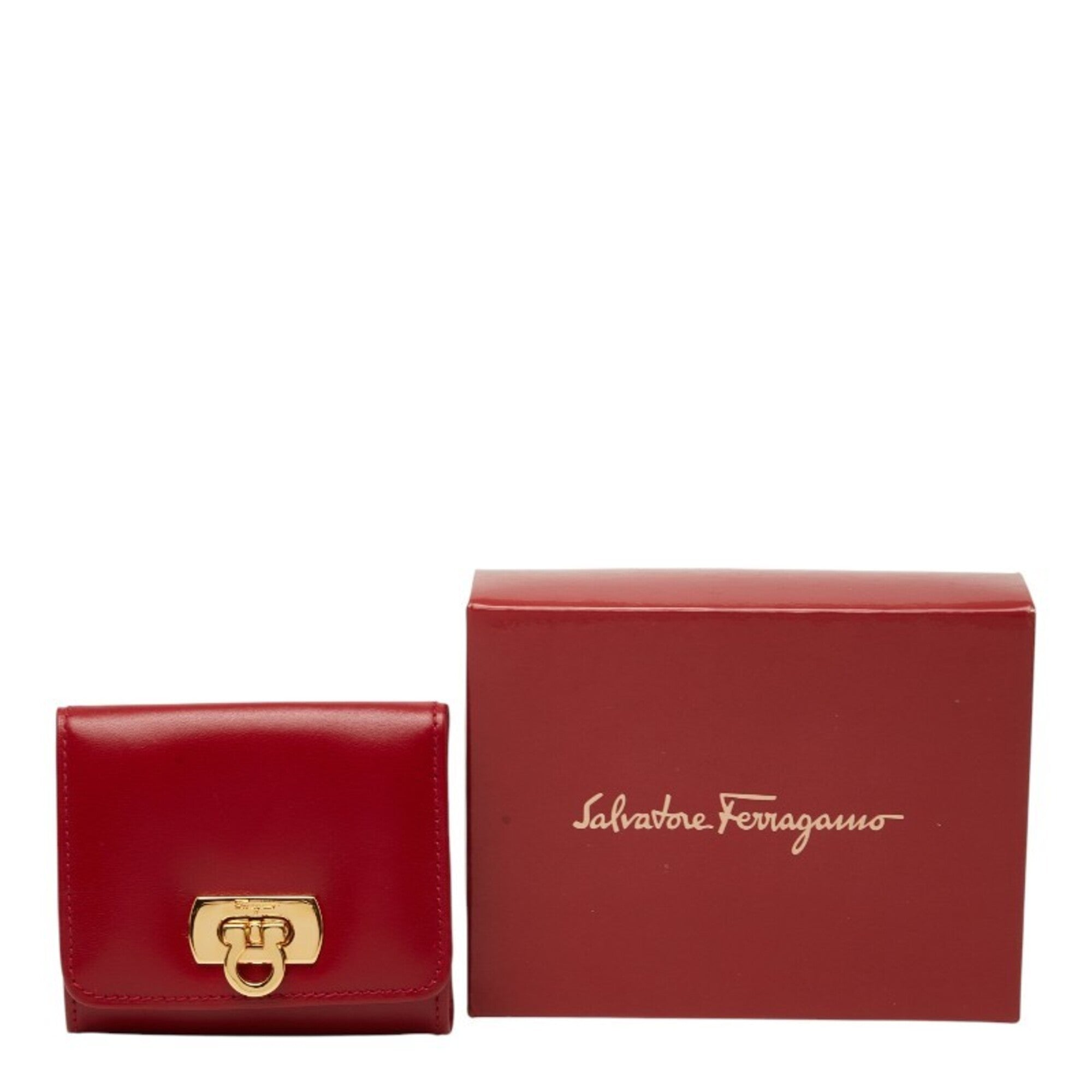 Salvatore Ferragamo Gold Red Color Leather Coin Purse/Coin Case (Pre-Owned)