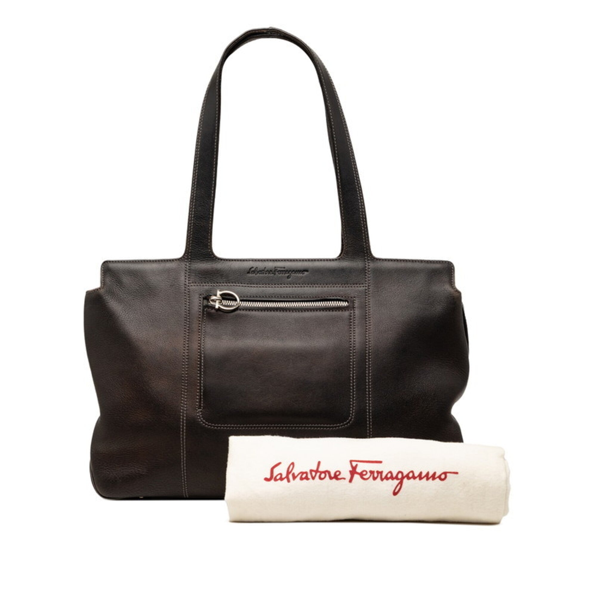 Salvatore Ferragamo Brown Leather Shoulder Bag Tote Bag (Pre-Owned)