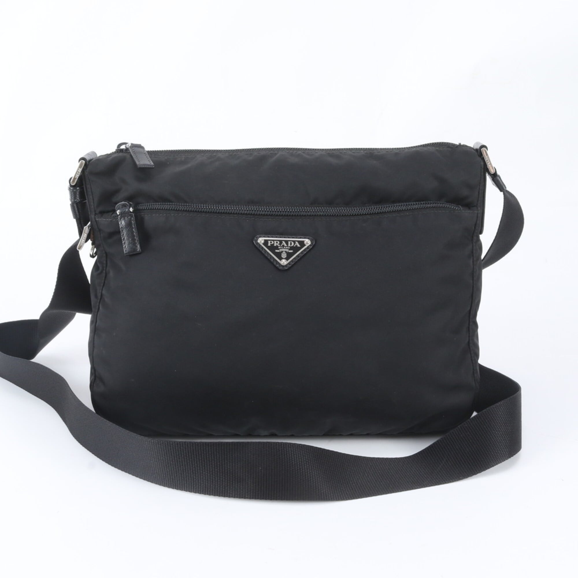 Prada Black Nylon Leather Messenger Bag Shoulder Bag (Pre-Owned)