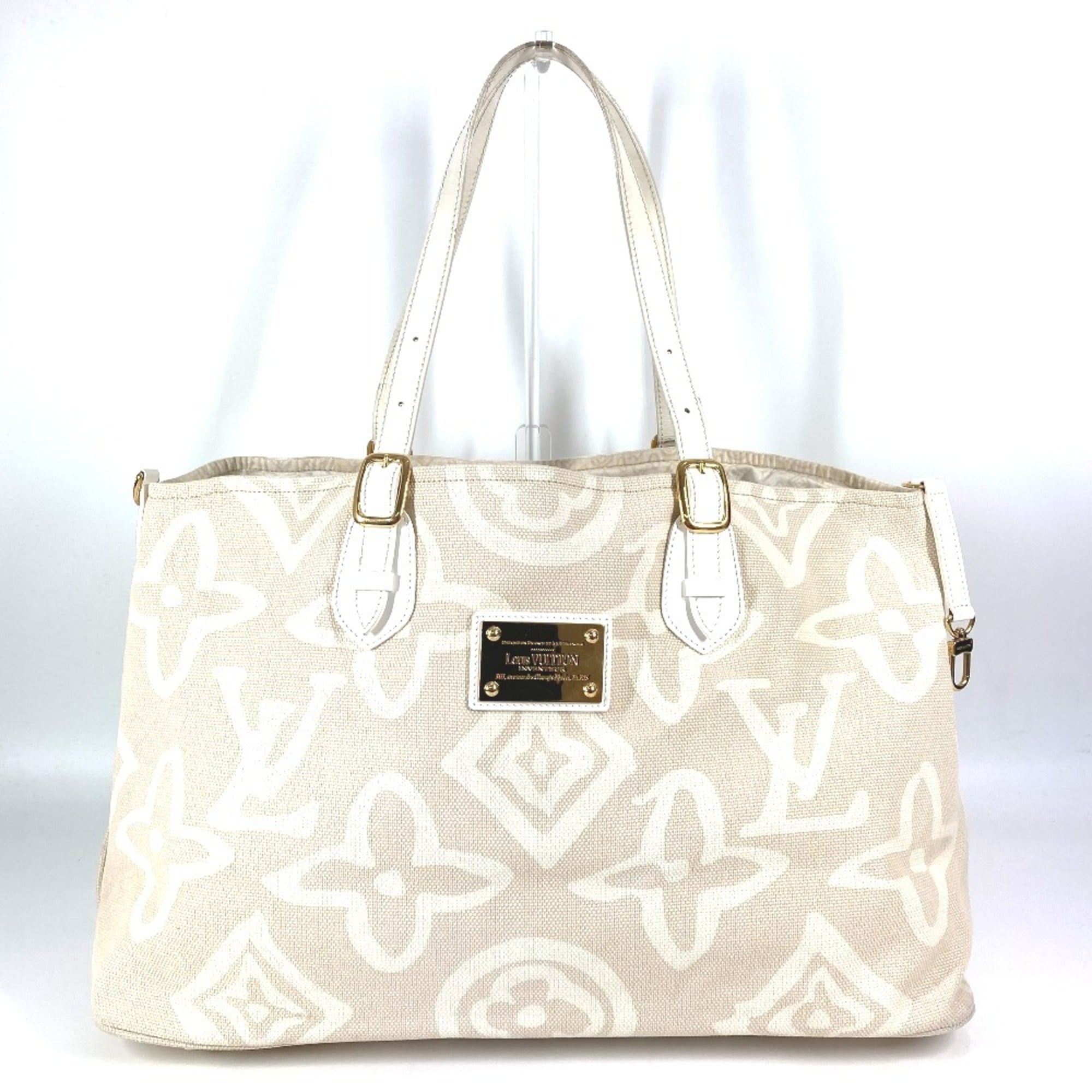 Louis Vuitton Beige Leather Canvas Shoulder Bag Tote Bag (Pre-Owned)