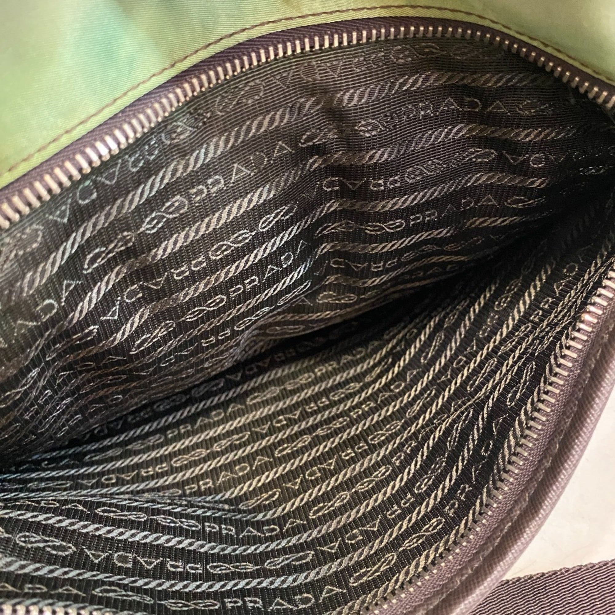 Prada Brown Green Nylon Leather Messenger Bag Shoulder Bag (Pre-Owned)