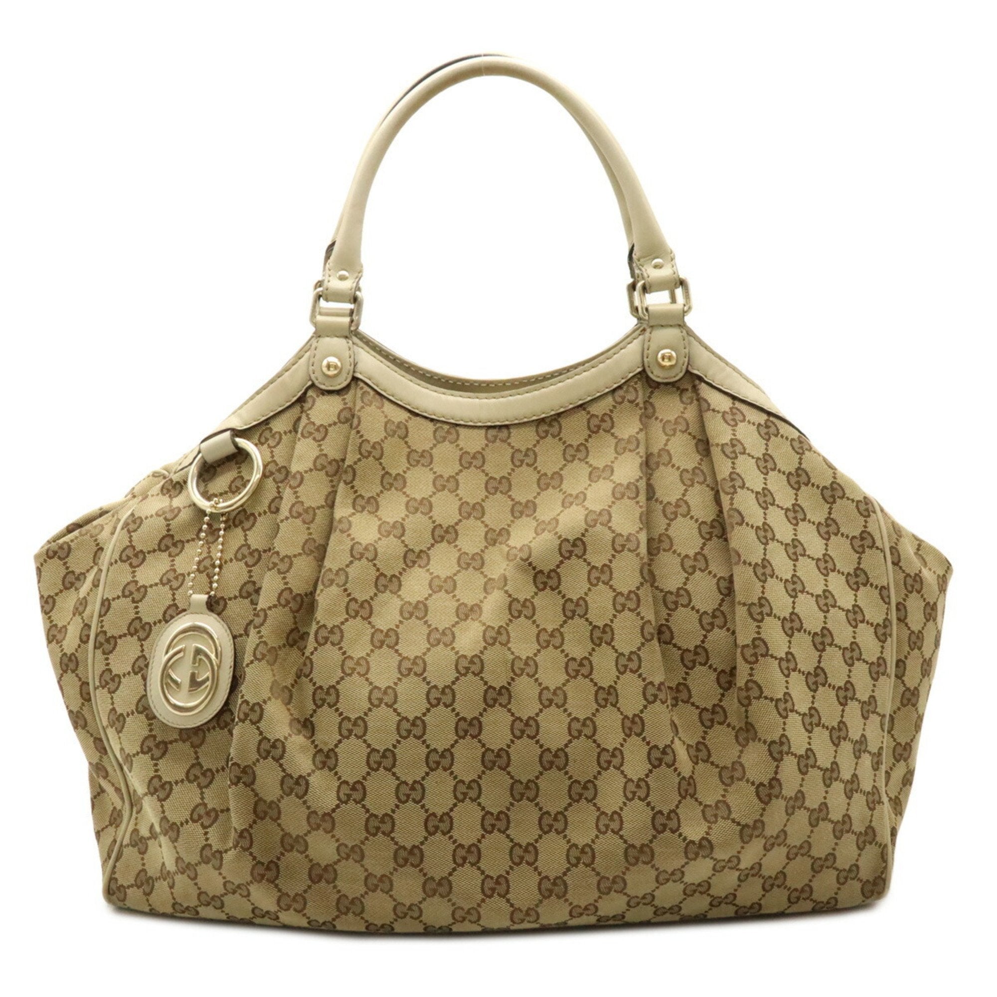 Gucci Beige Ivory Khaki Gg Canvas Leather Shoulder Bag Tote Bag (Pre-Owned)