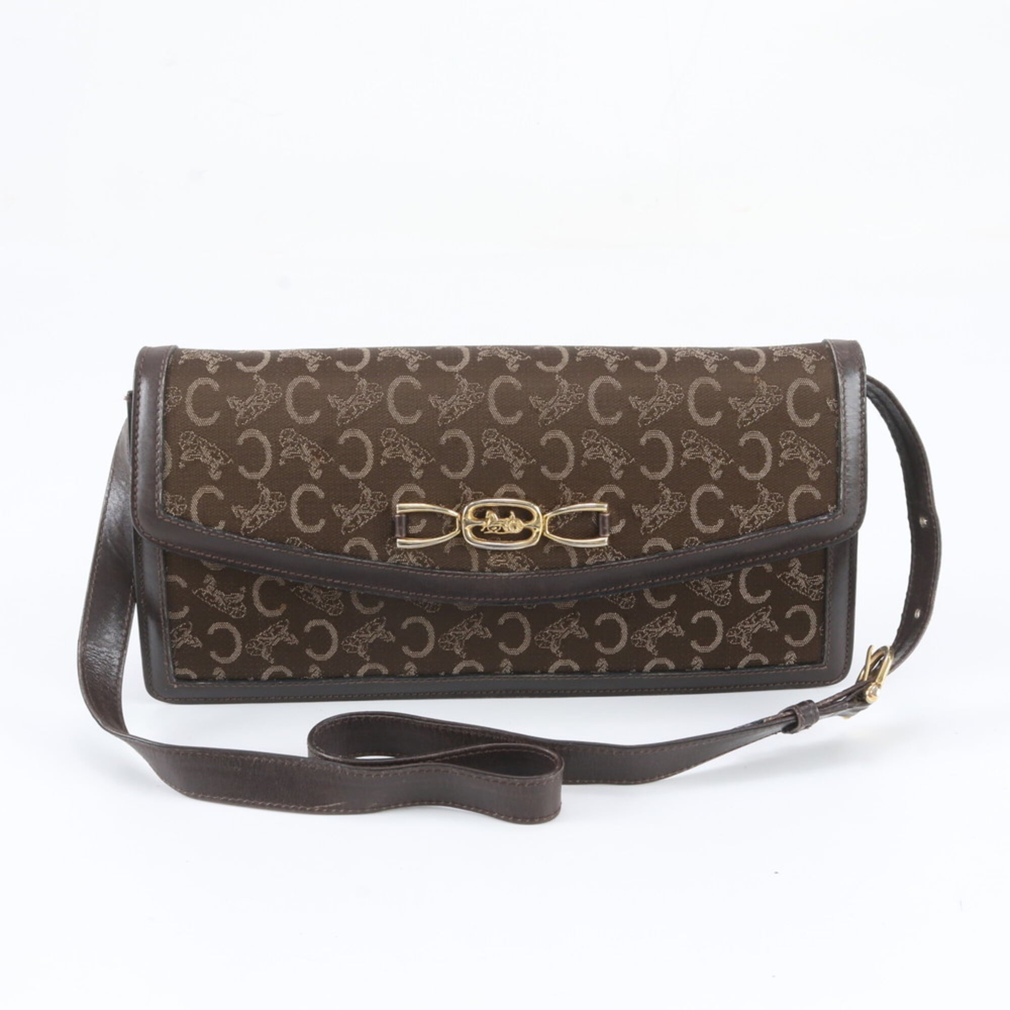 Celine Brown Leather Canvas Clutch Bag Handbag Shoulder Bag (Pre-Owned)