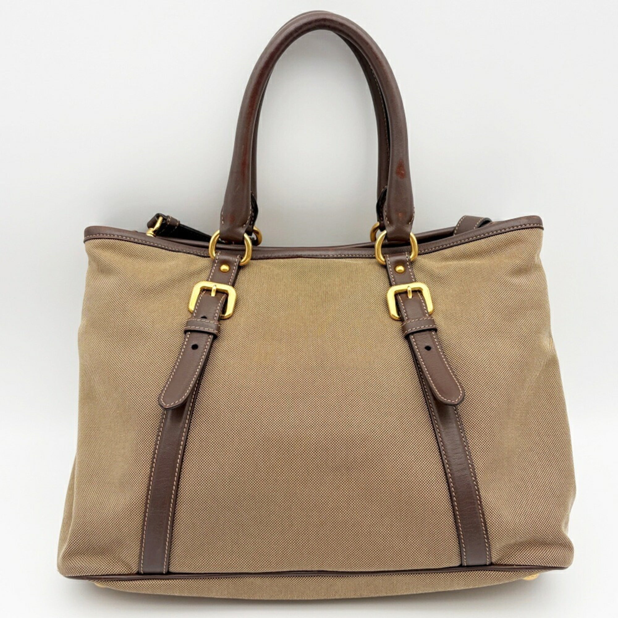 Prada Beige Dark Brown Canvas Leather Tote Bag (Pre-Owned)