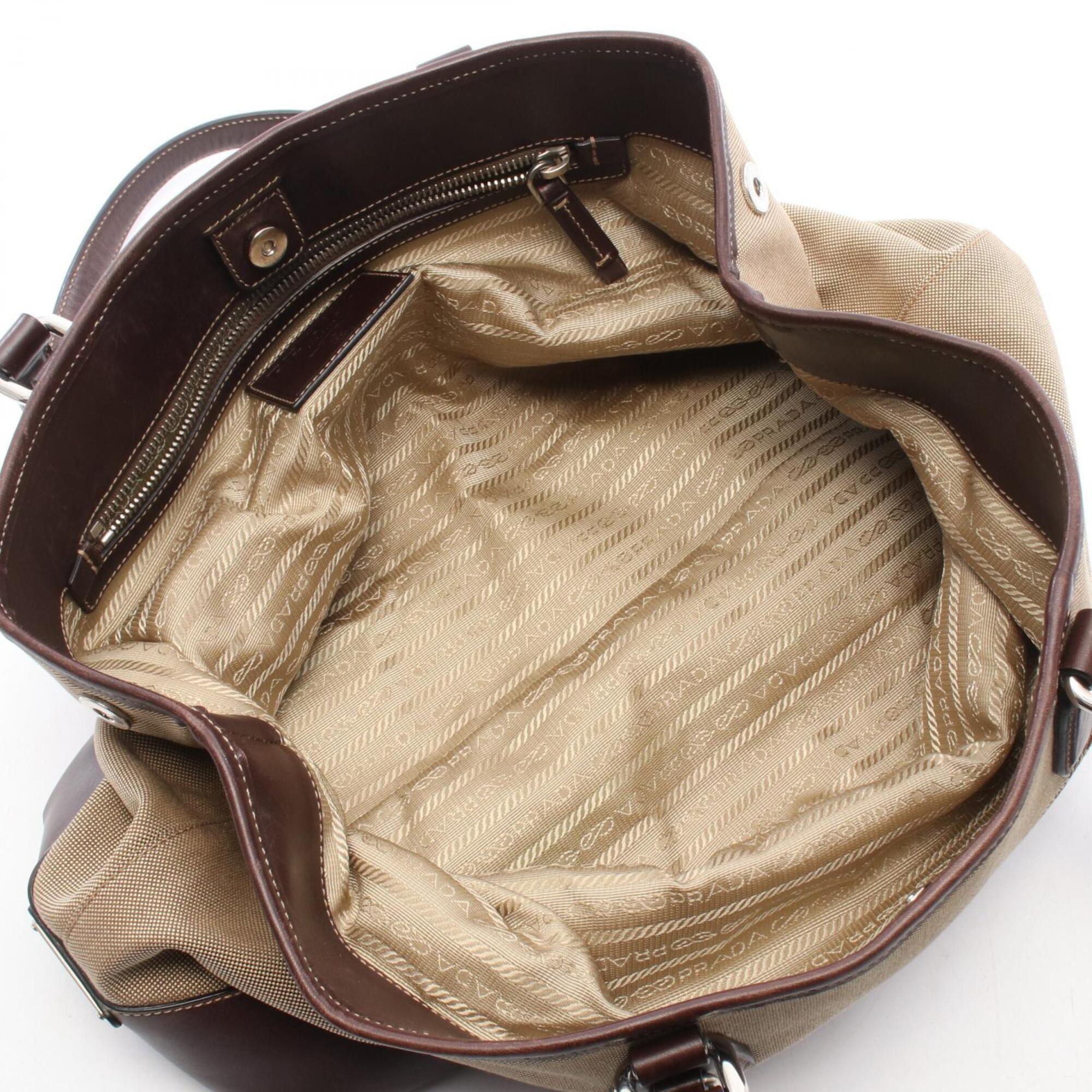 Prada Beige Brown Canvas Leather Handbag Tote Bag (Pre-Owned)