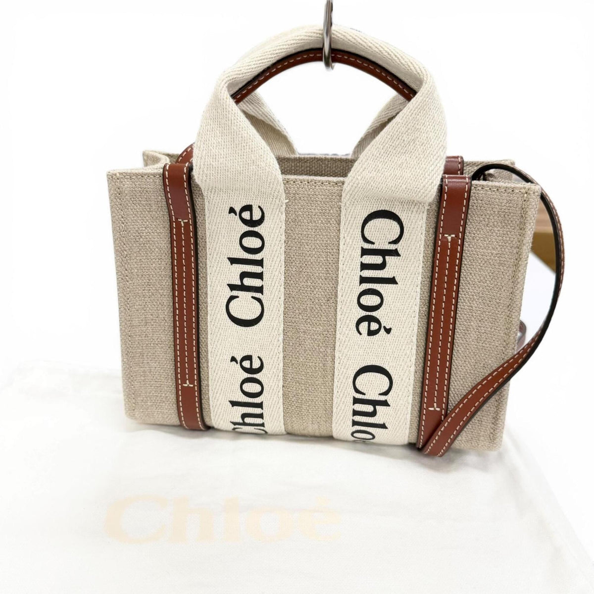 Chloé Beige Brown Linen Leather Shoulder Bag Tote Bag (Pre-Owned)
