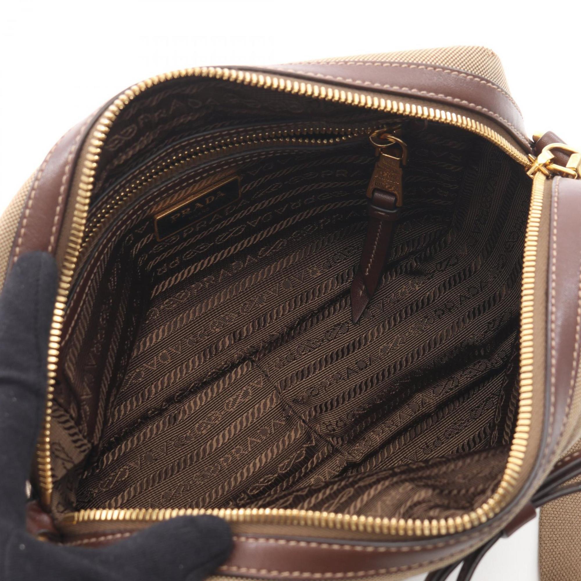 Prada Beige Brown Canvas Leather Handbag Shoulder Bag (Pre-Owned)