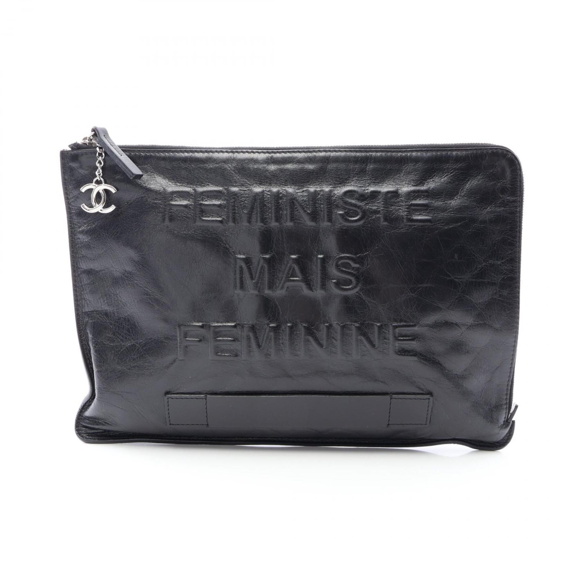 Chanel Black Leather Clutch Bag Handbag (Pre-Owned)