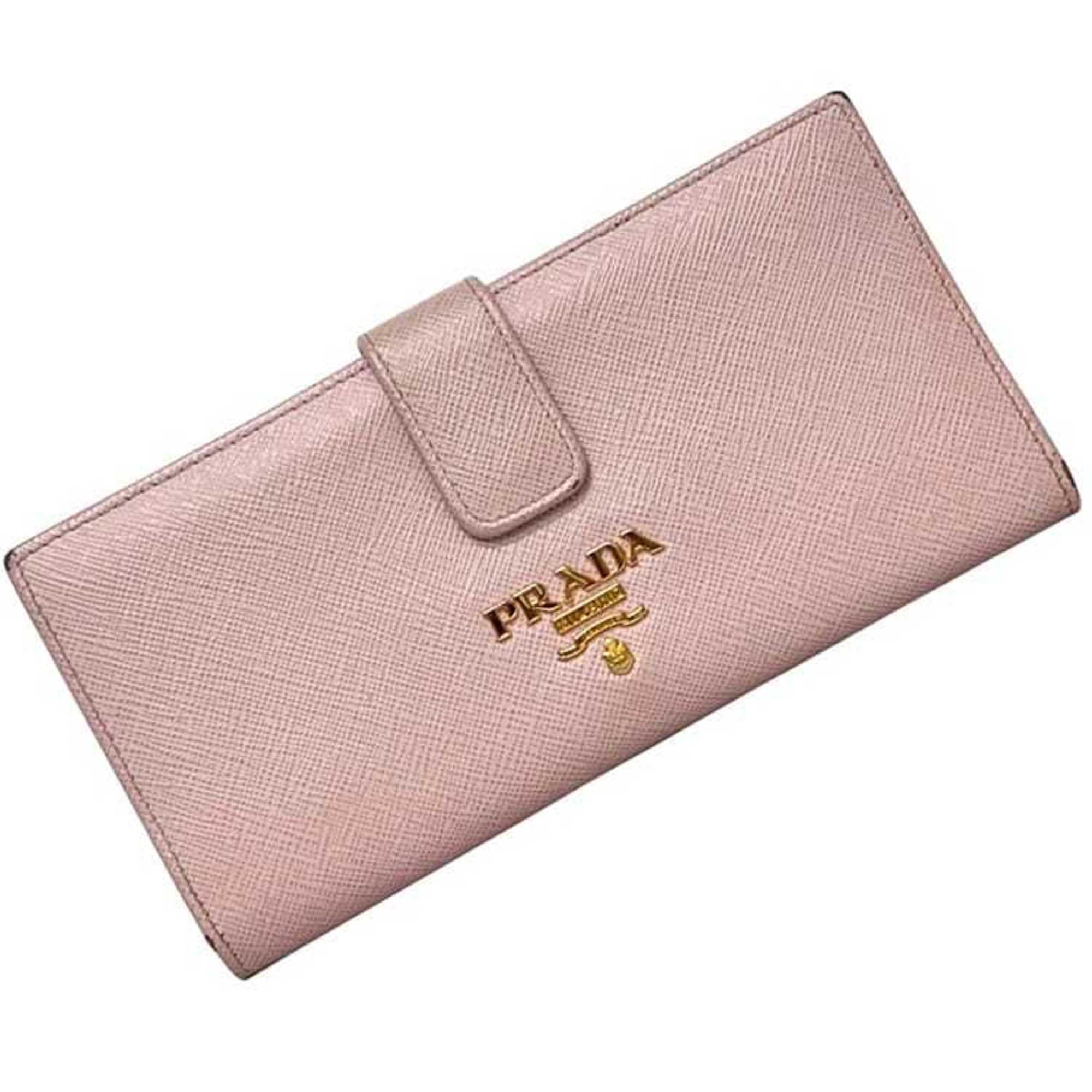 Prada Pink Leather Saffiano Triangle Long Wallet (Bi-Fold) (Pre-Owned)