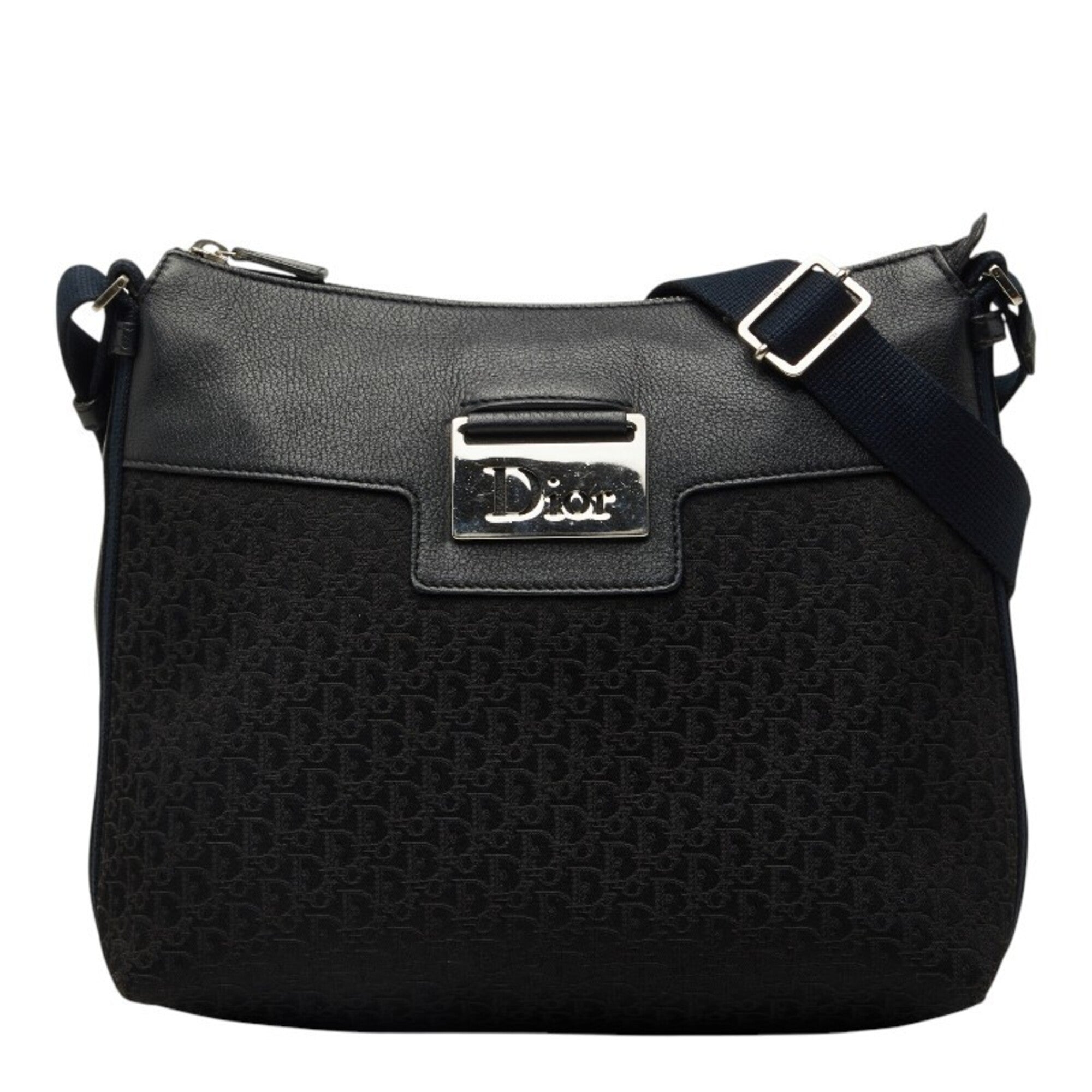Christian Dior Black Navy Leather Jacquard Shoulder Bag (Pre-Owned)