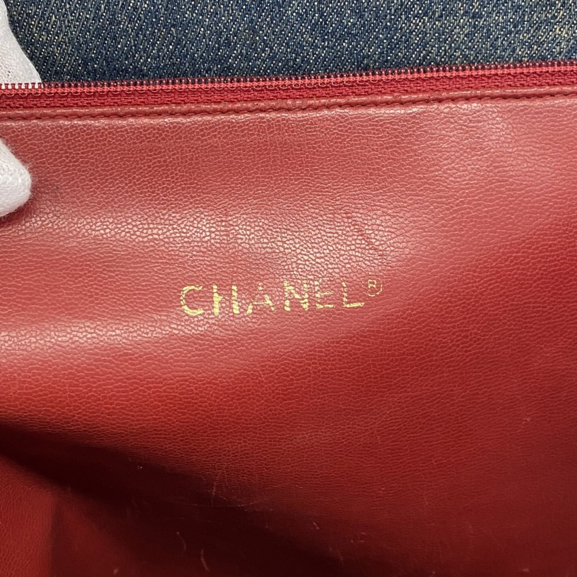 Chanel Blue Red Color Leather Denim Tote Bag (Pre-Owned)