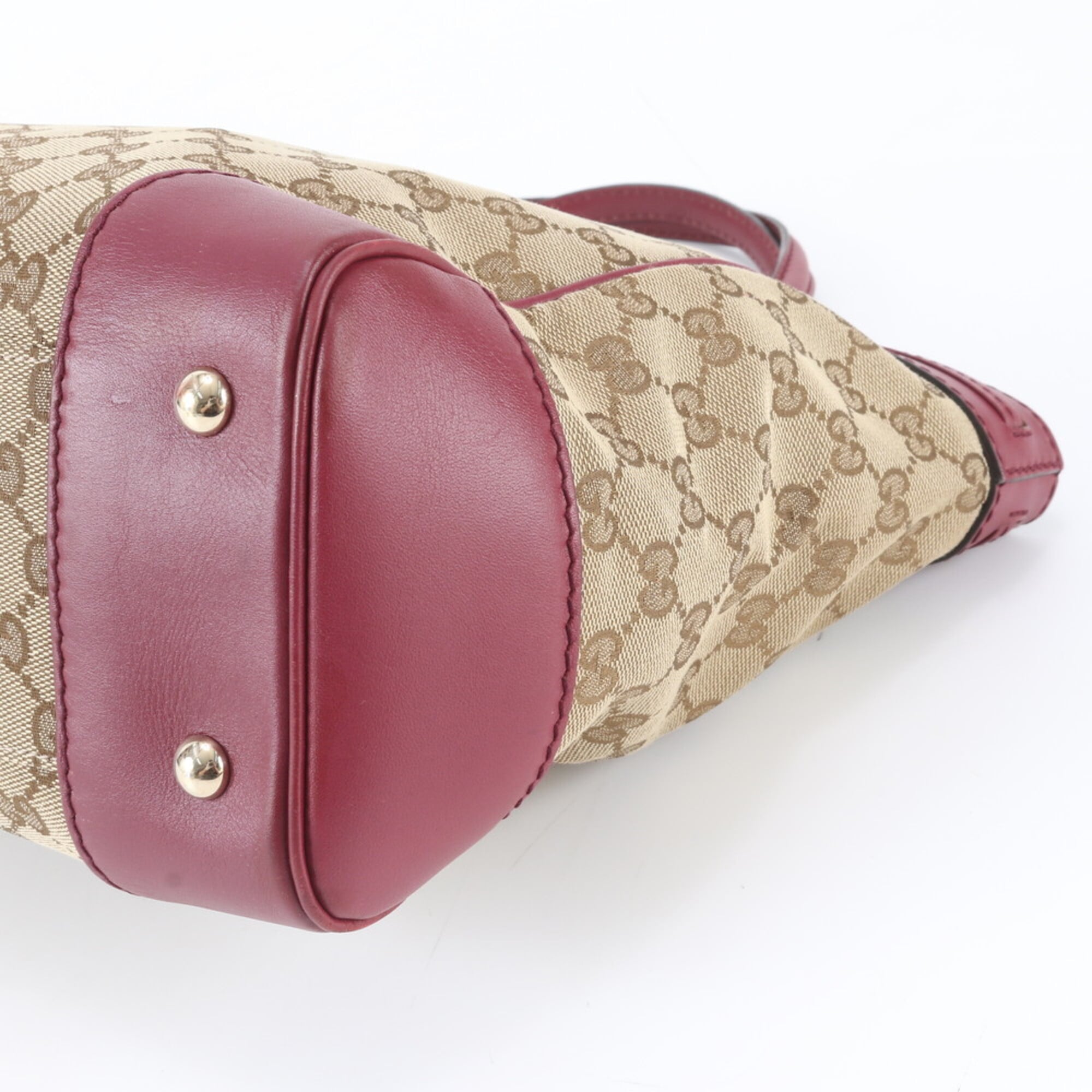 Gucci Beige Red Color Leather Canvas Shoulder Bag Tote Bag (Pre-Owned)
