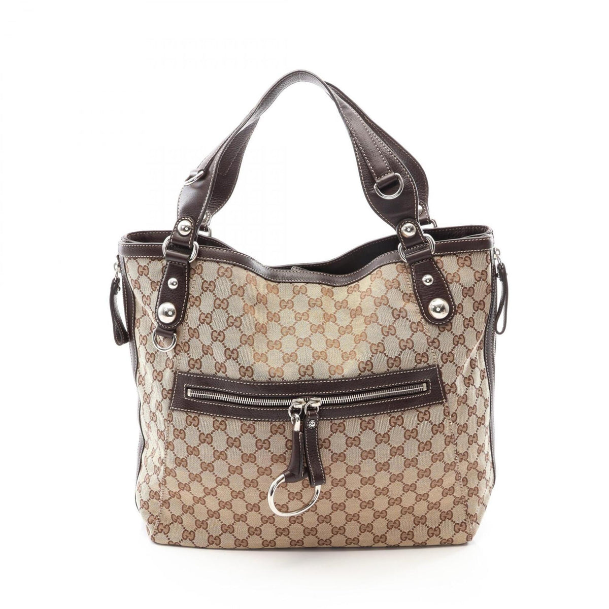Gucci Beige Brown Canvas Leather Handbag Tote Bag (Pre-Owned)
