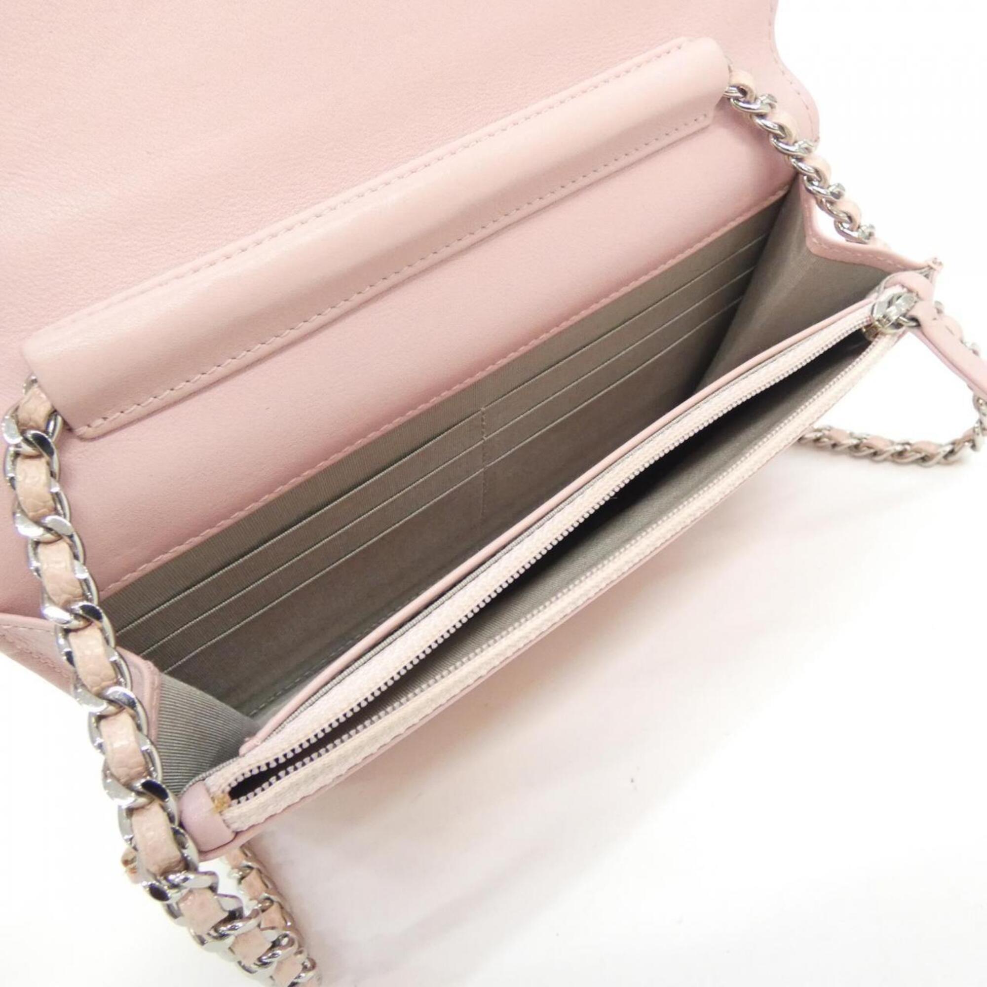 Chanel Light Pink Grained Calfskin Chain/Shoulder Wallet (Pre-Owned)