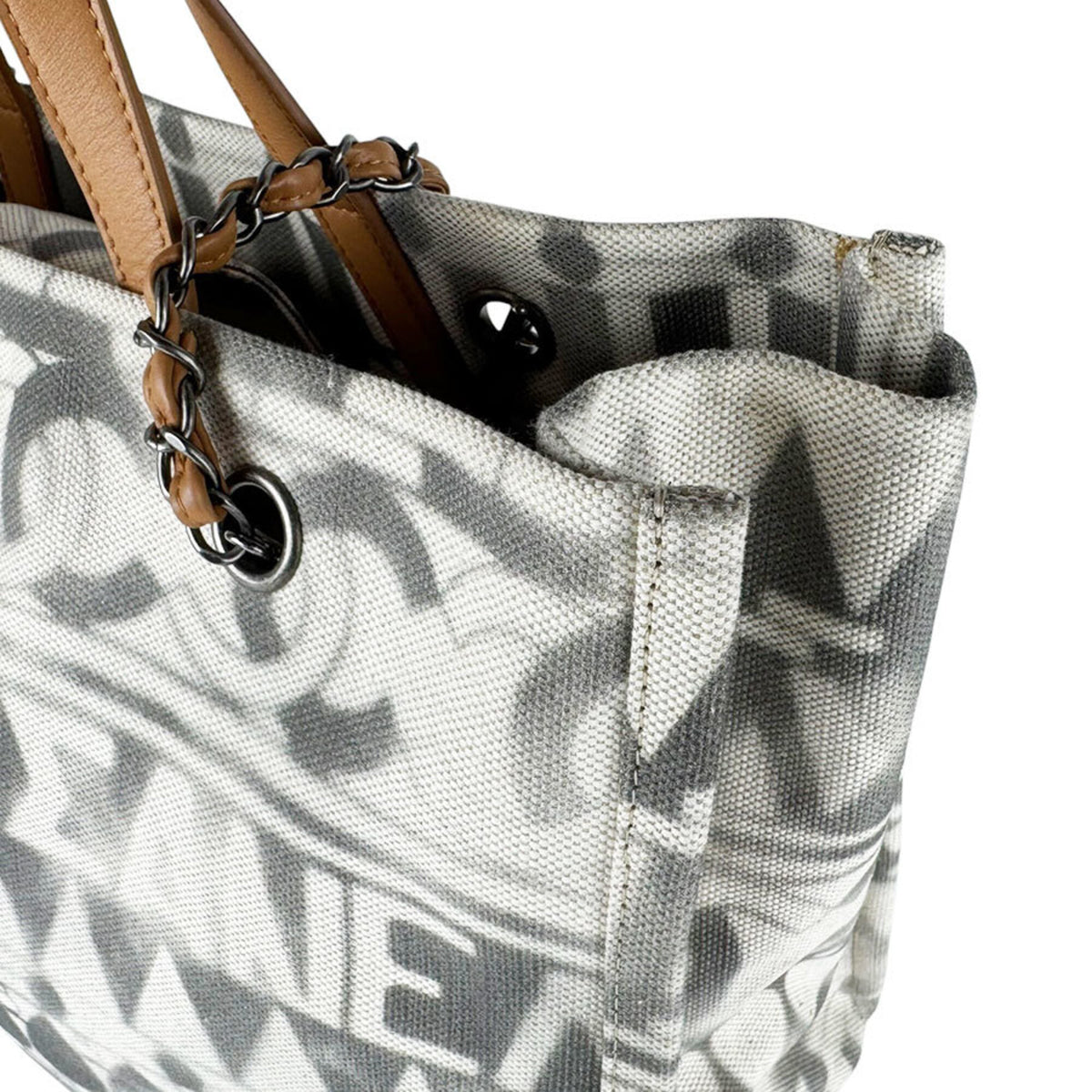 Chanel Brown Gray Ivory Canvas Leather Handbag Shoulder Bag (Pre-Owned)