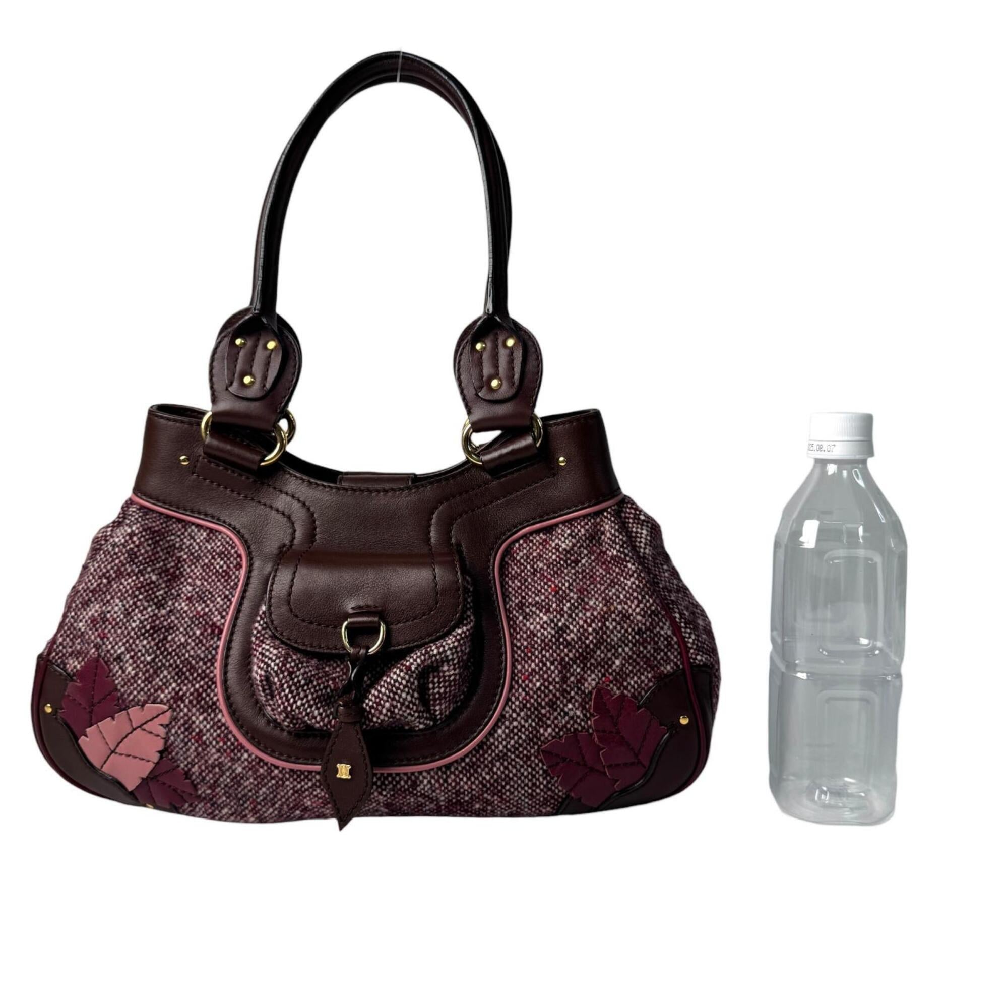 Celine Bordeaux Brown Pink Tweed Leather Handbag (Pre-Owned)
