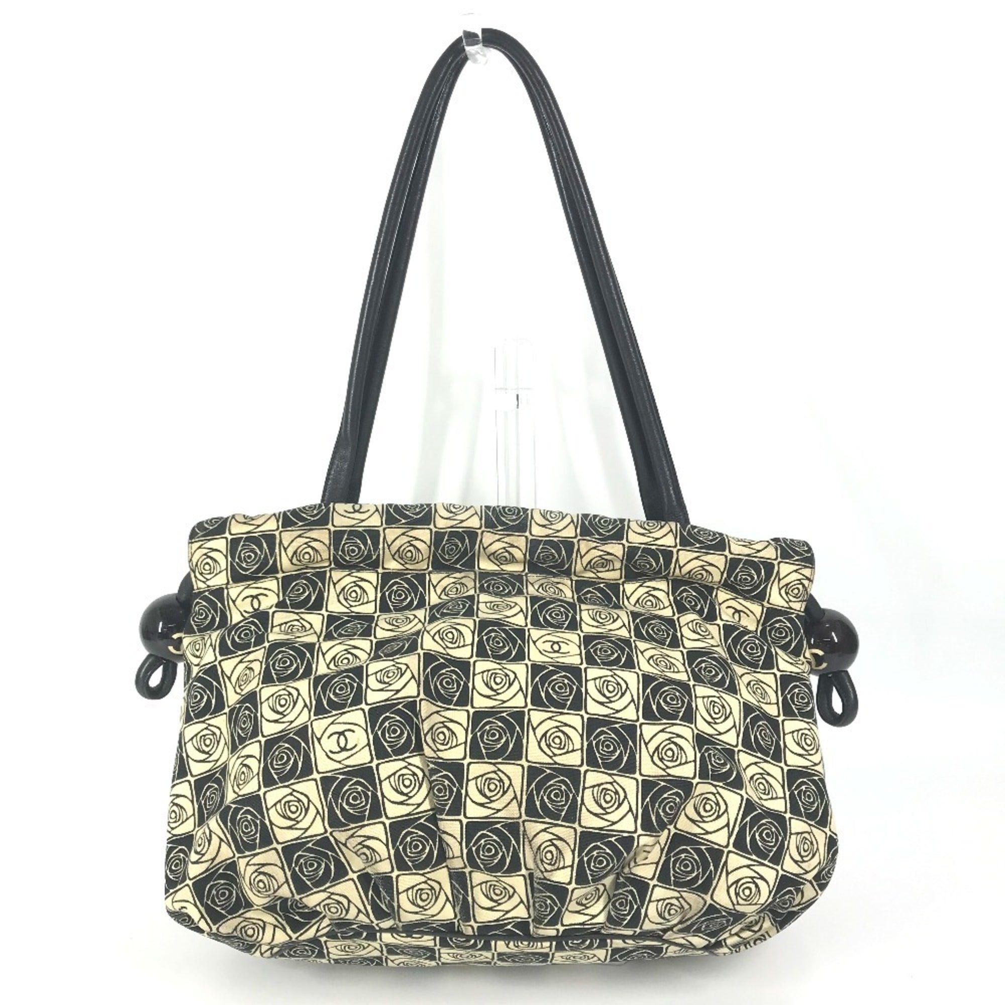 Chanel Camellia Black White Canvas Shoulder Bag Tote Bag (Pre-Owned)