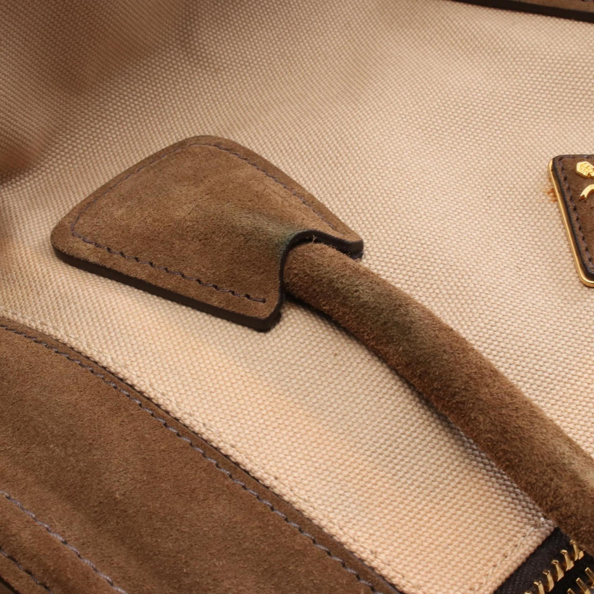 Prada Beige Brown Canvas Suede Handbag (Pre-Owned)