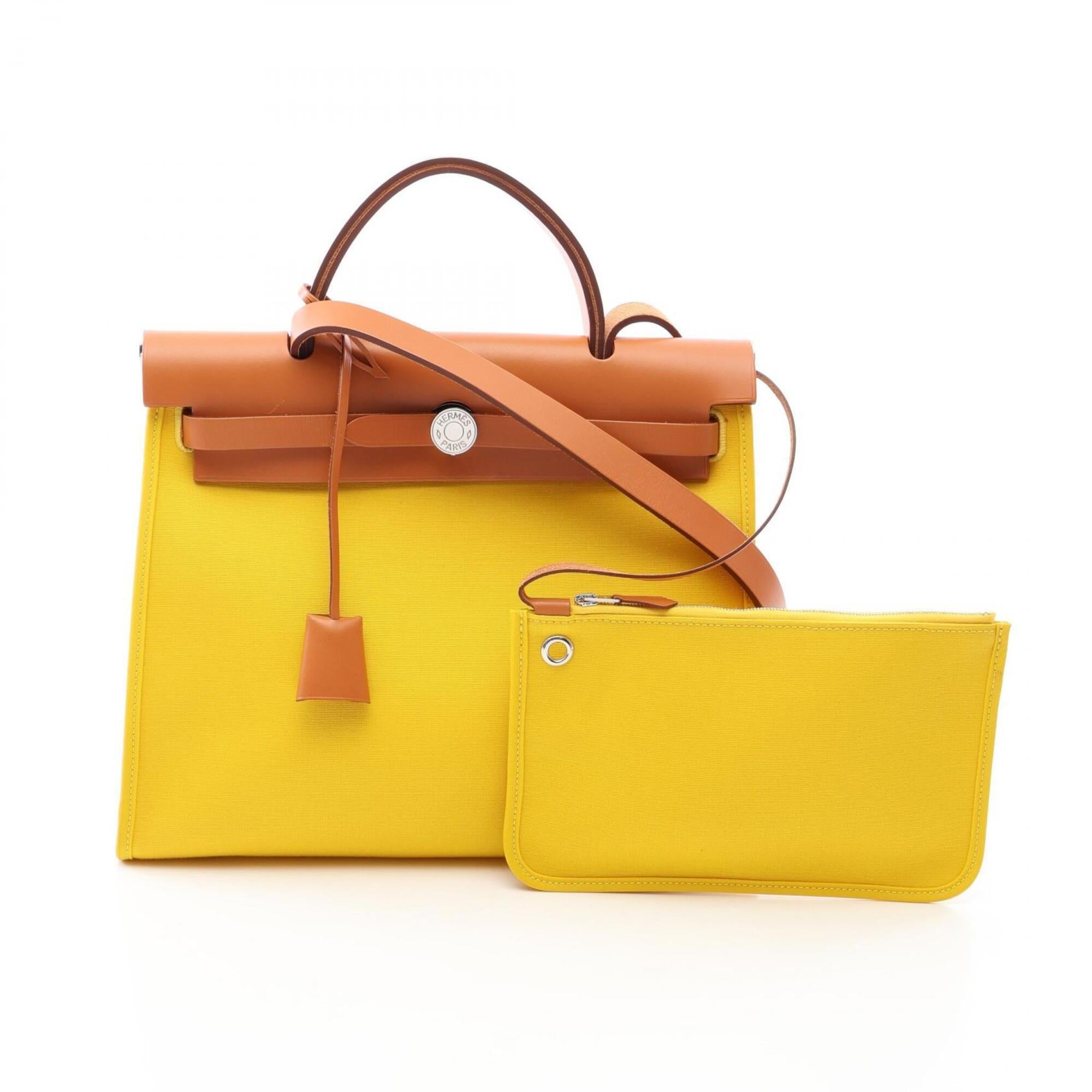 Hermes Brown Natural Yellow Canvas Leather Handbag (Pre-Owned)