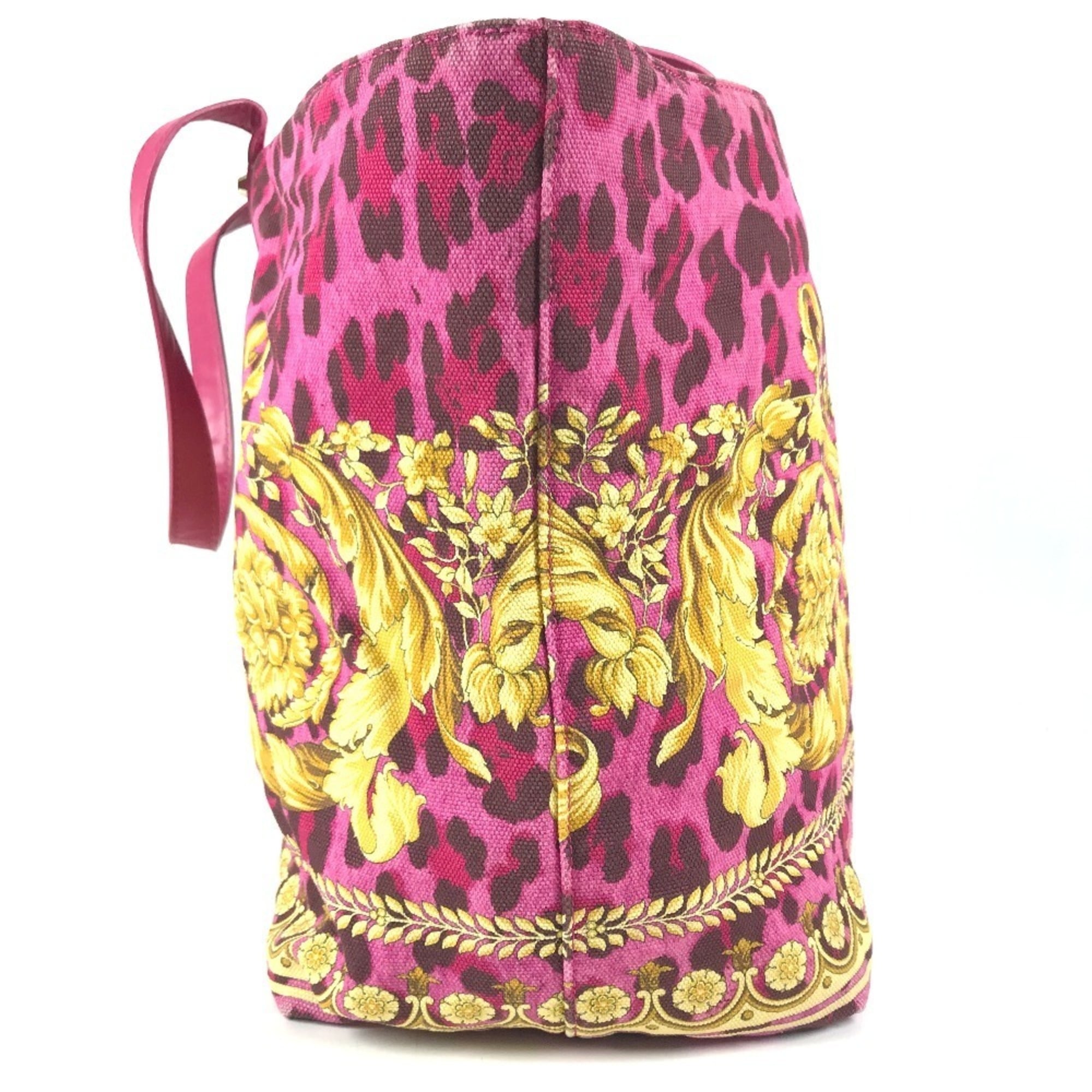 Versace Pink Yellow Leather Canvas Shoulder Bag Tote Bag (Pre-Owned)