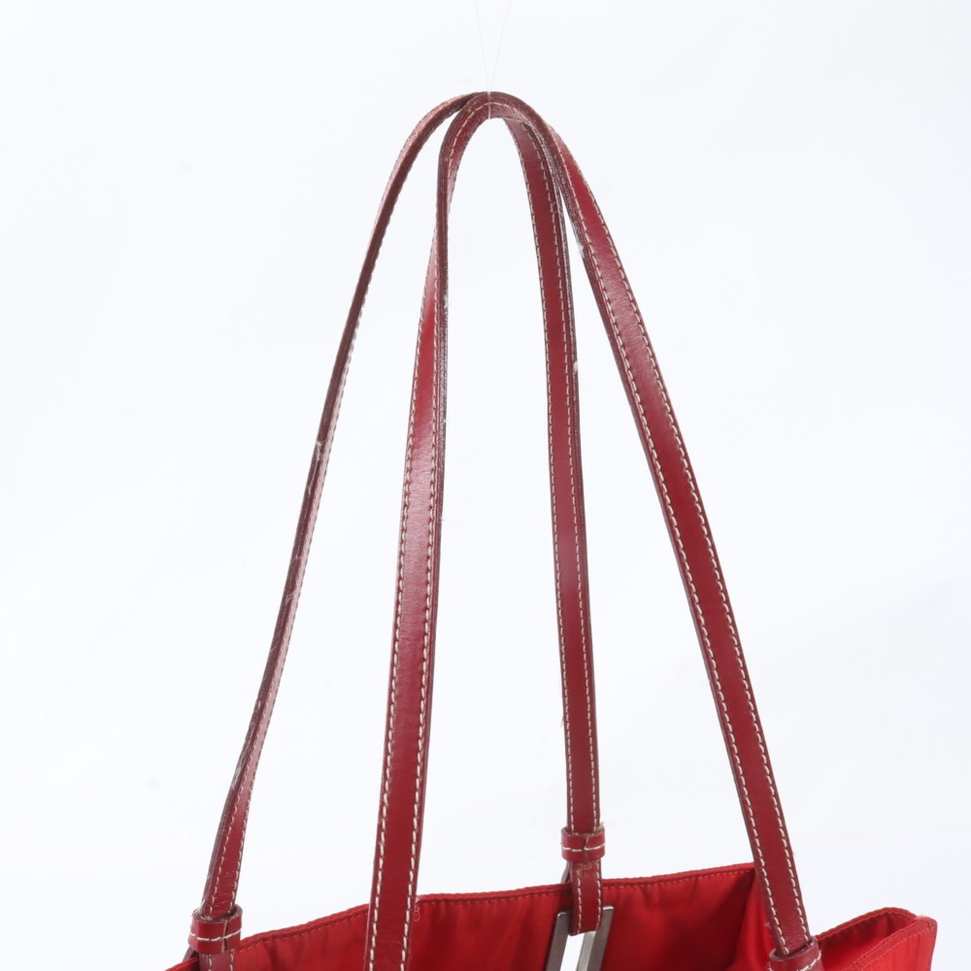Prada Red Color Nylon Leather Shoulder Bag Tote Bag (Pre-Owned)