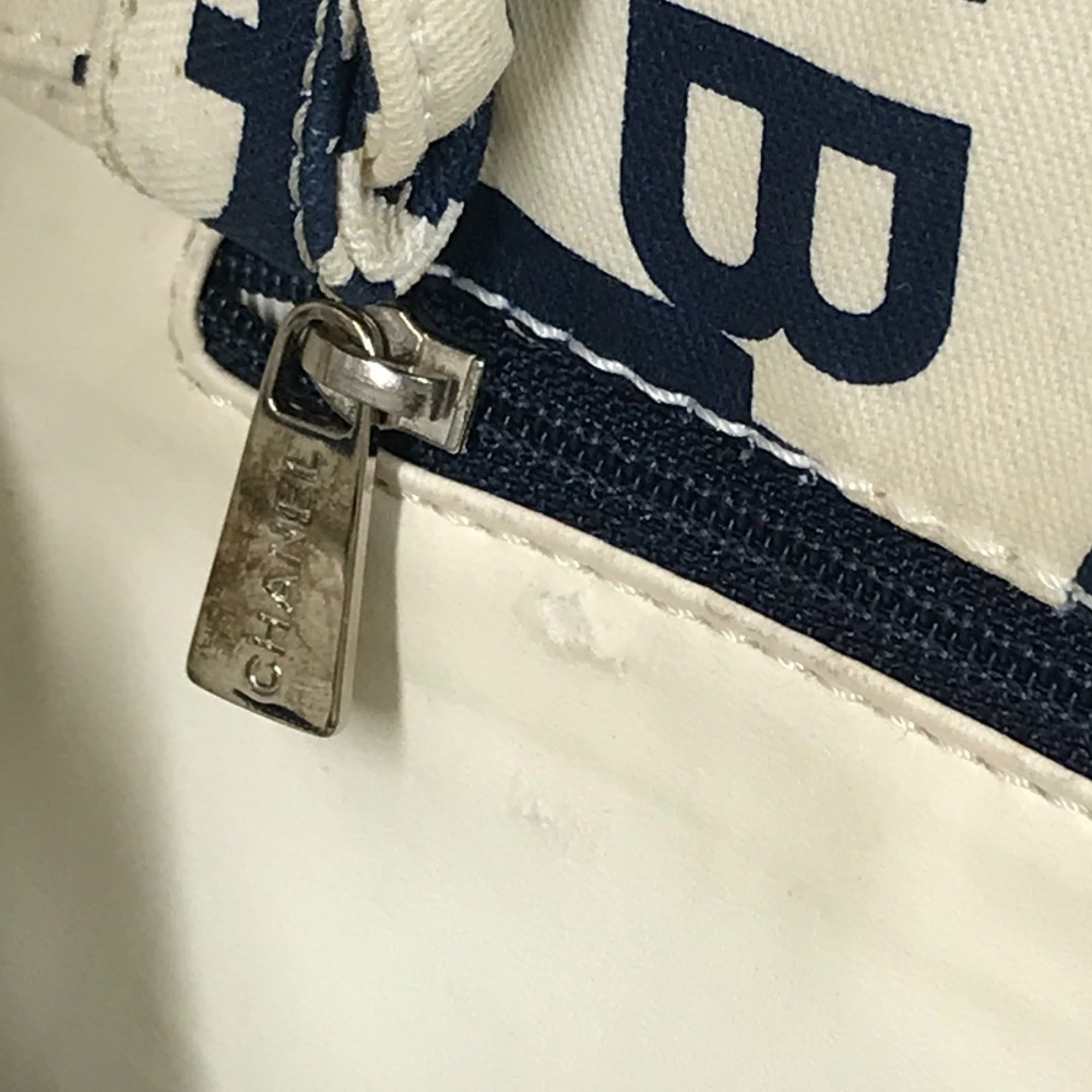 Chanel Navy White Canvas Shoulder Bag Tote Bag (Pre-Owned)