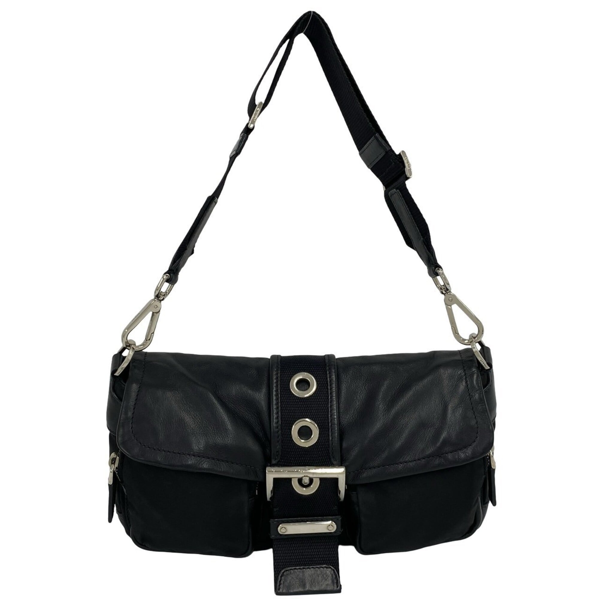Prada Black Leather Nylon Handbag Shoulder Bag (Pre-Owned)