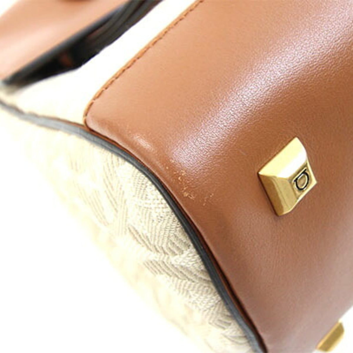 Salvatore Ferragamo Gancini Beige Brown Fabric Leather Handbag Pouch (Pre-Owned)