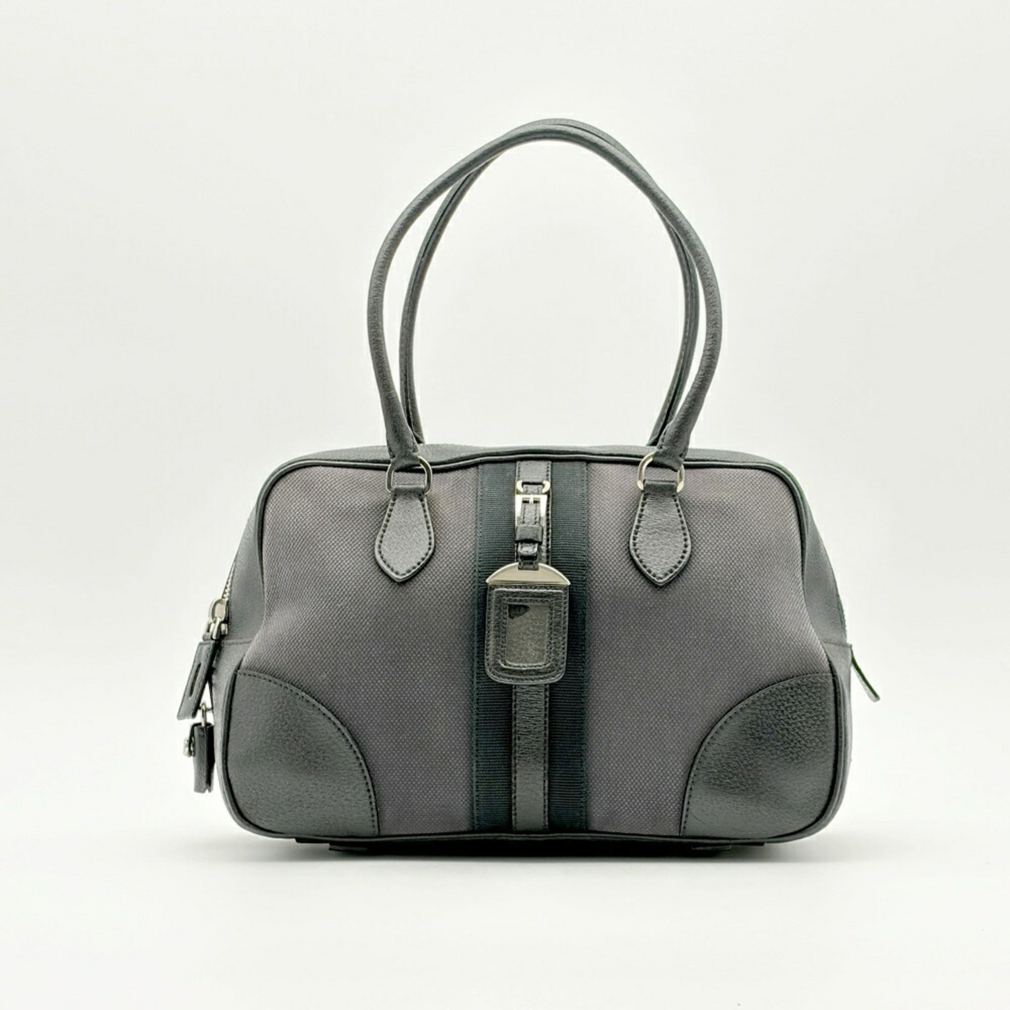 Prada Black Gray Canvas Leather Boston Bag Handbag (Pre-Owned)