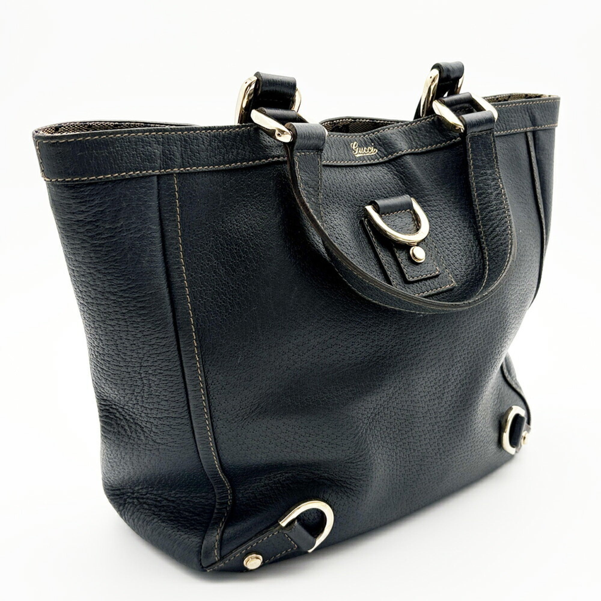 Gucci Navy Leather Canvas Tote Bag (Pre-Owned)