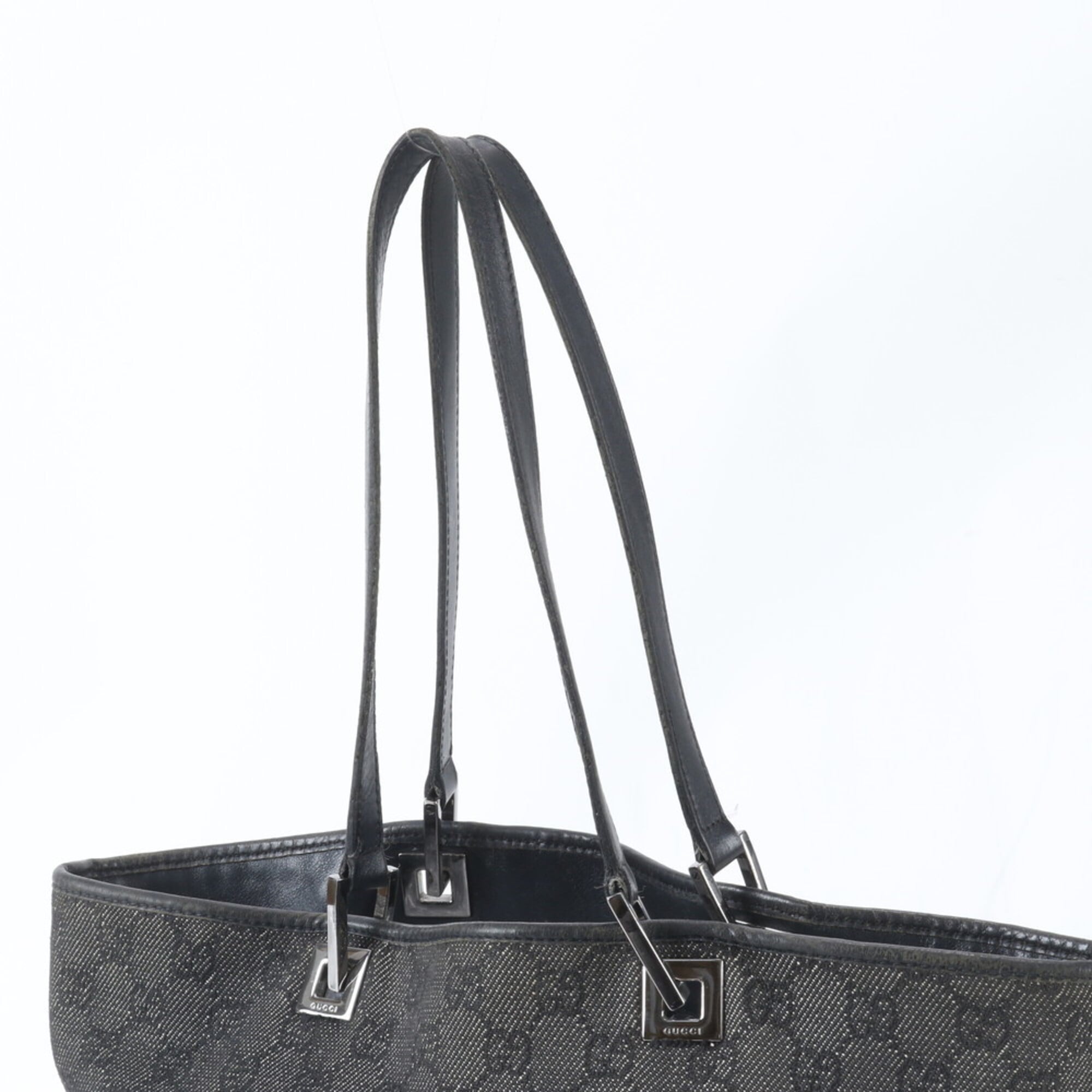 Gucci Black Gray Leather Canvas Handbag Tote Bag (Pre-Owned)