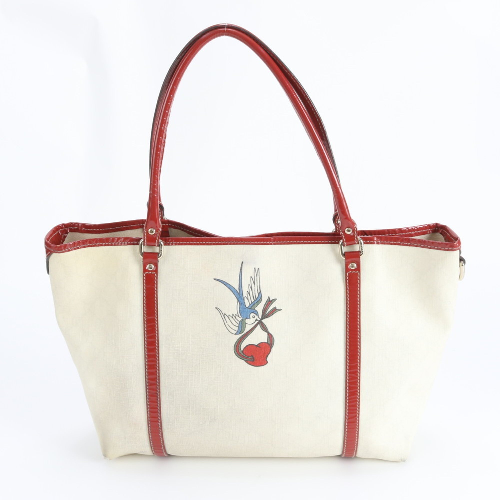 Gucci Off-White Red Color Coated Canvas Leather Handbag Tote Bag (Pre-Owned)
