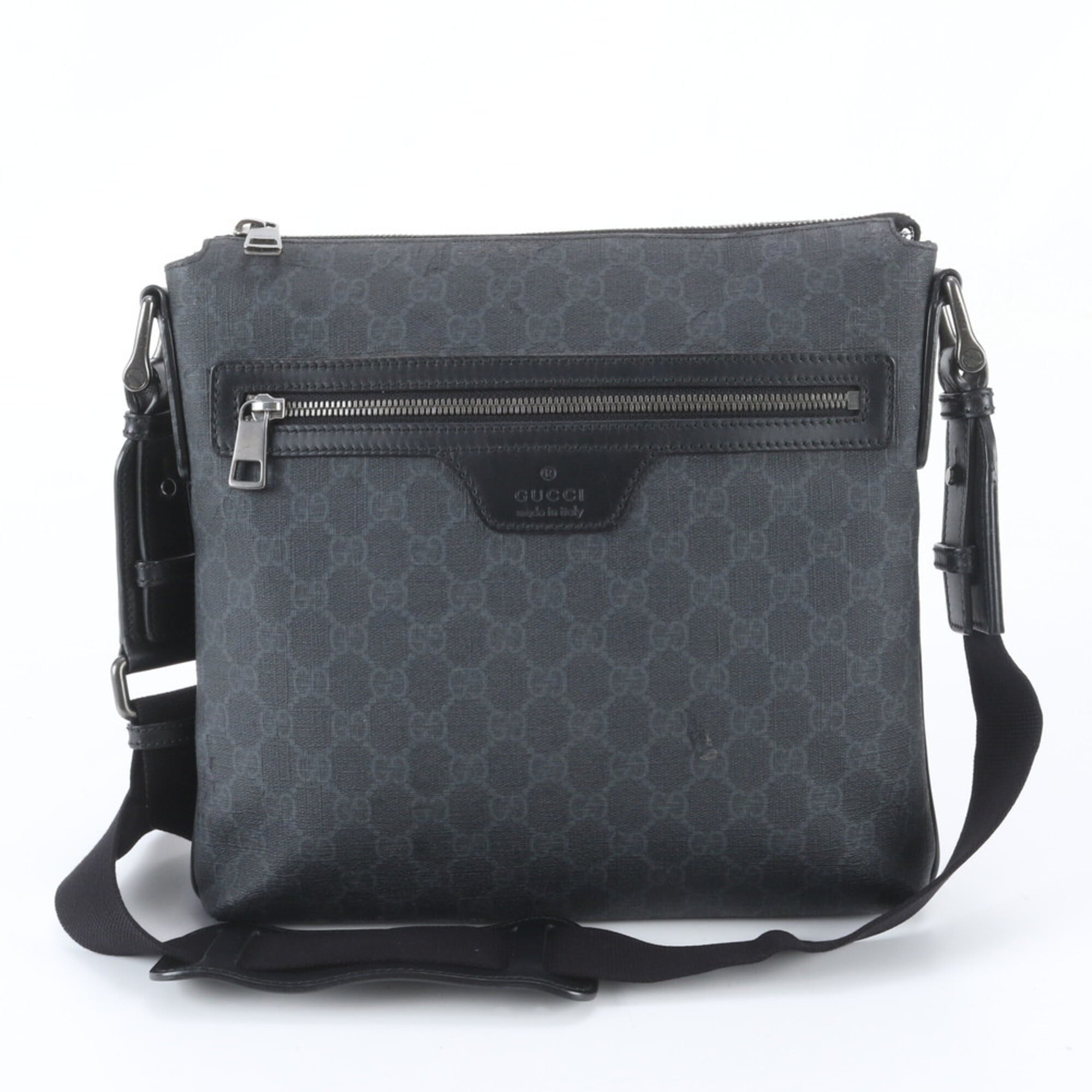 Gucci Black Gray Leather Coated Canvas Messenger Bag Shoulder Bag Tote Bag (Pre-Owned)