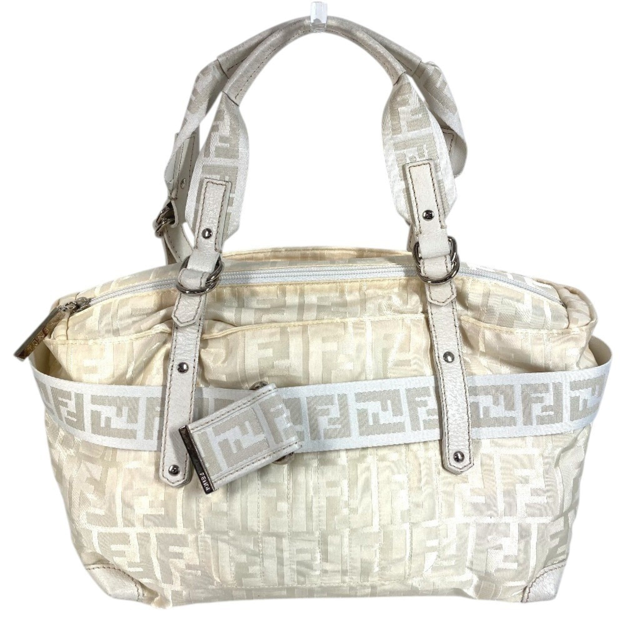 Fendi White Nylon Canvas Leather Handbag Shoulder Bag Tote Bag (Pre-Owned)