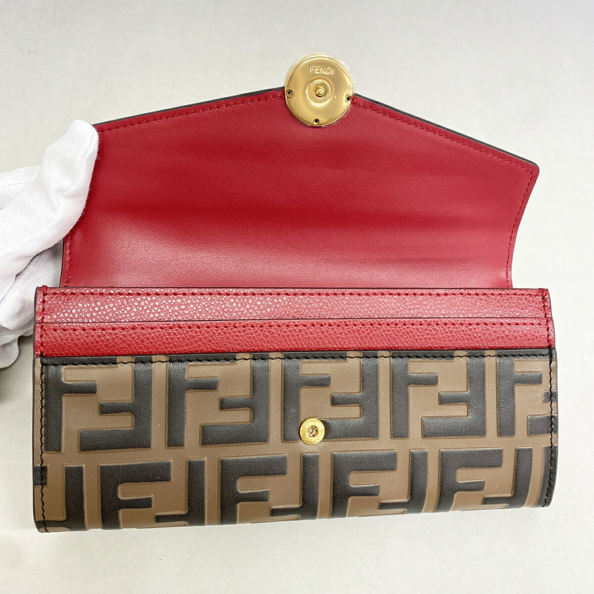 Fendi Brown Red Color Leather Long Wallet (Bi-Fold) (Pre-Owned)
