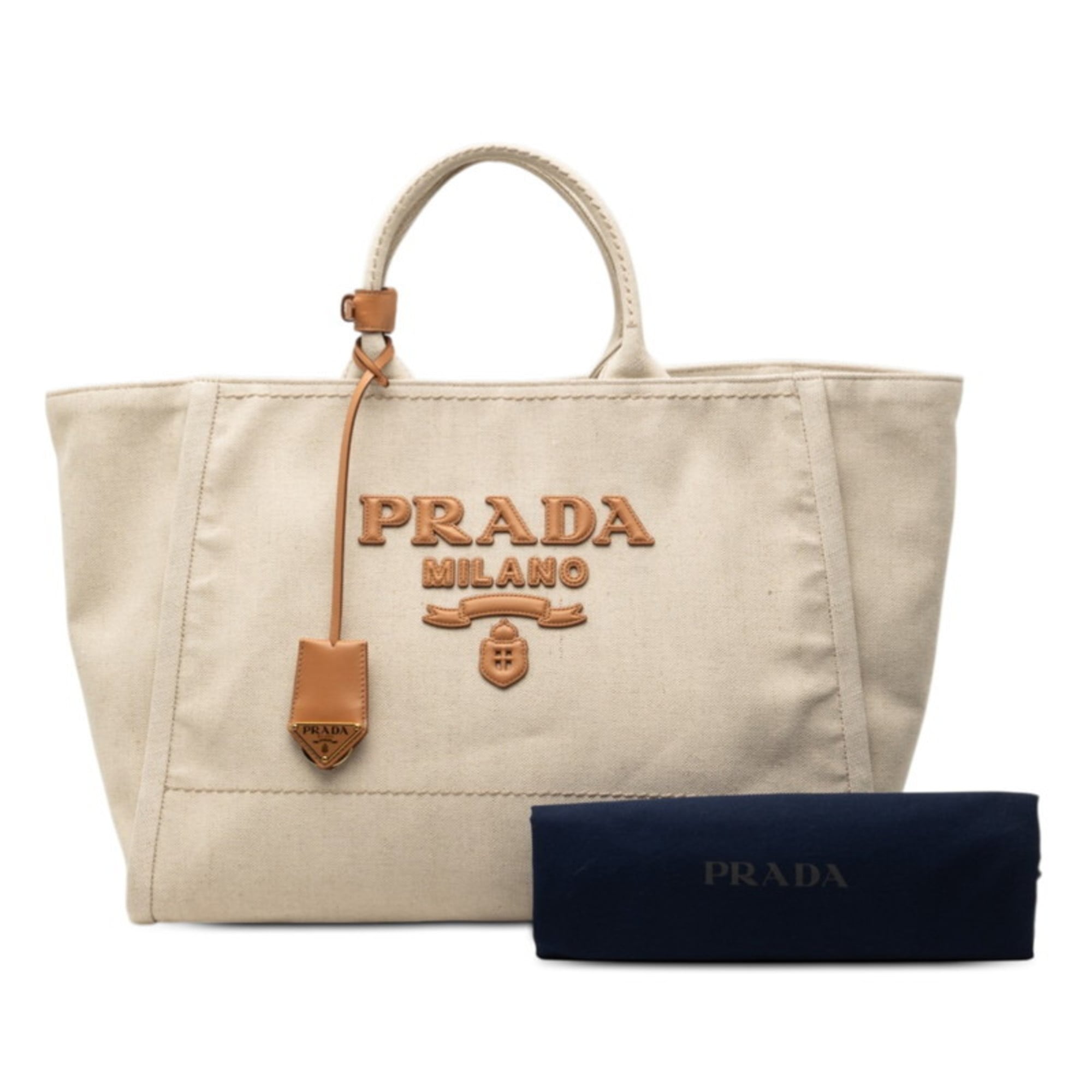 Prada Beige White Canvas Leather Tote Bag (Pre-Owned)
