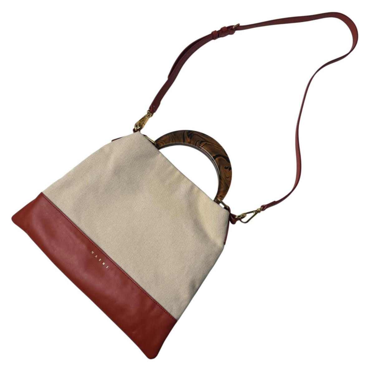 Marni Beige Orange Red Color Canvas Leather Handbag Shoulder Bag (Pre-Owned)