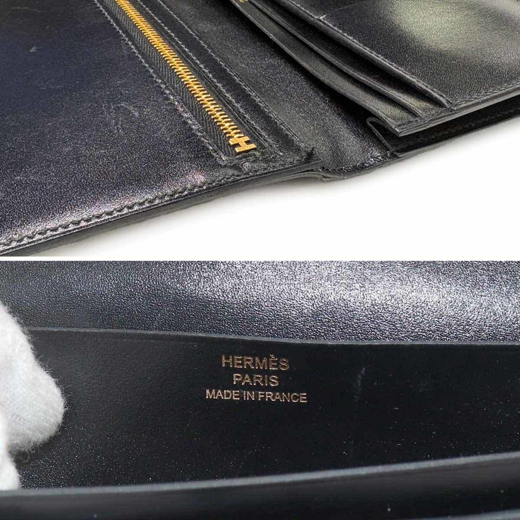 Hermes Black Box Calf Leather Long Wallet (Bi-Fold) (Pre-Owned)