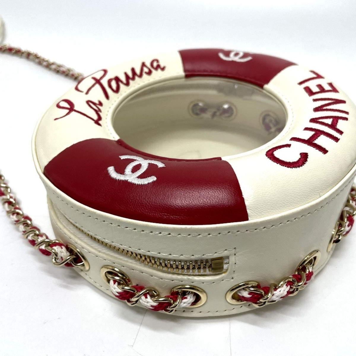 Chanel Red Color White Vinyl Leather Pochette Shoulder Bag (Pre-Owned)