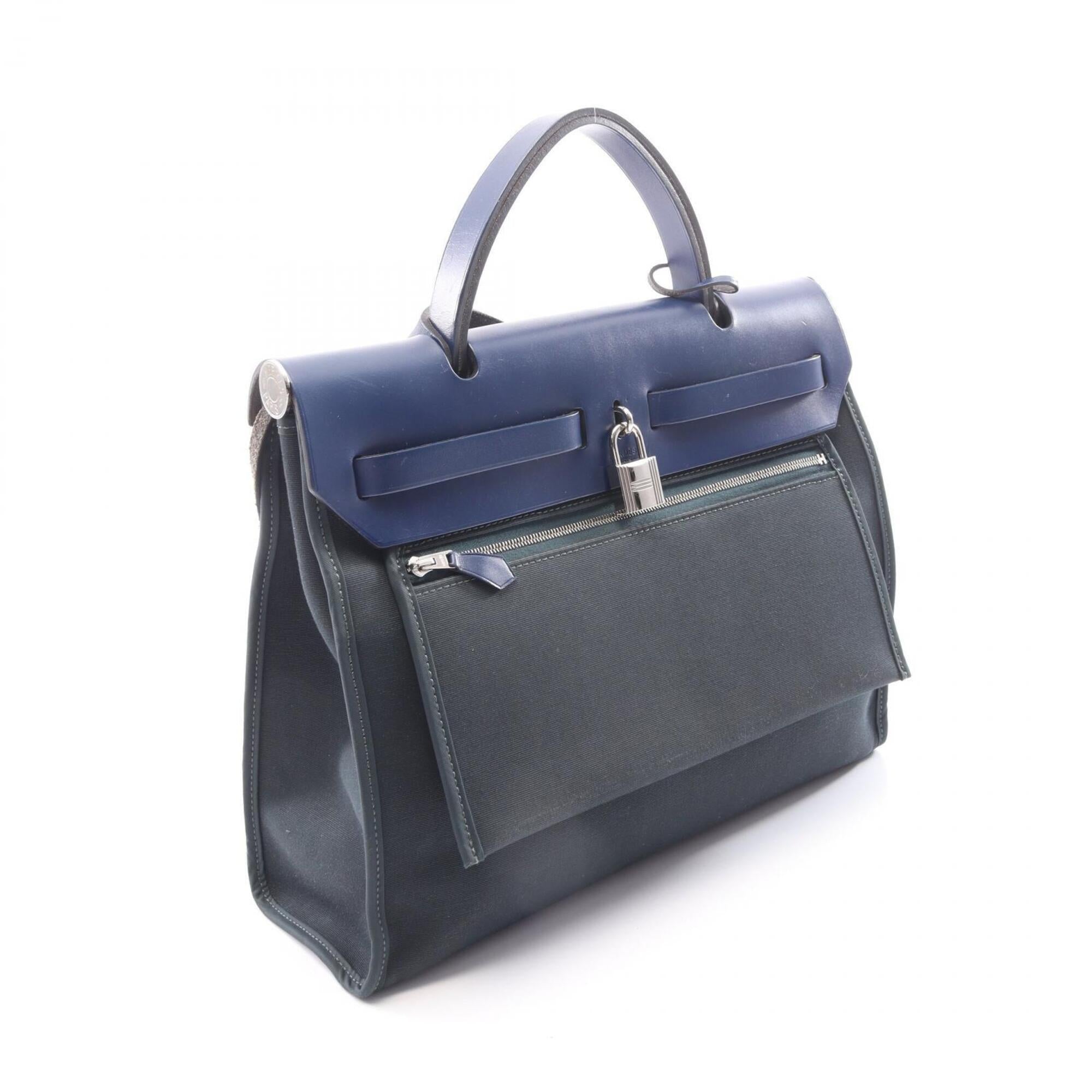 Hermes Blue Green Canvas Handbag (Pre-Owned)