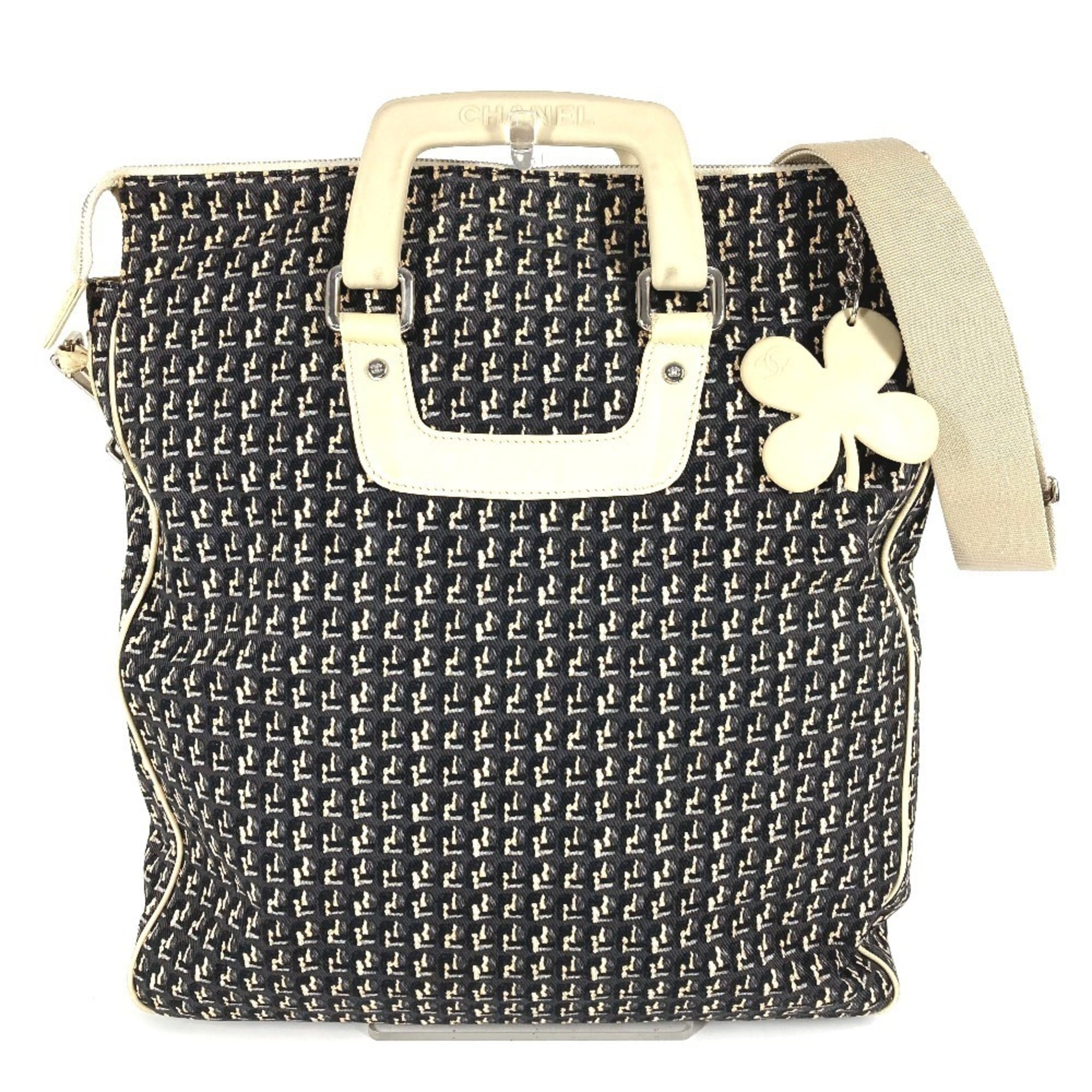Chanel Beige Black Canvas Leather Handbag Shoulder Bag (Pre-Owned)